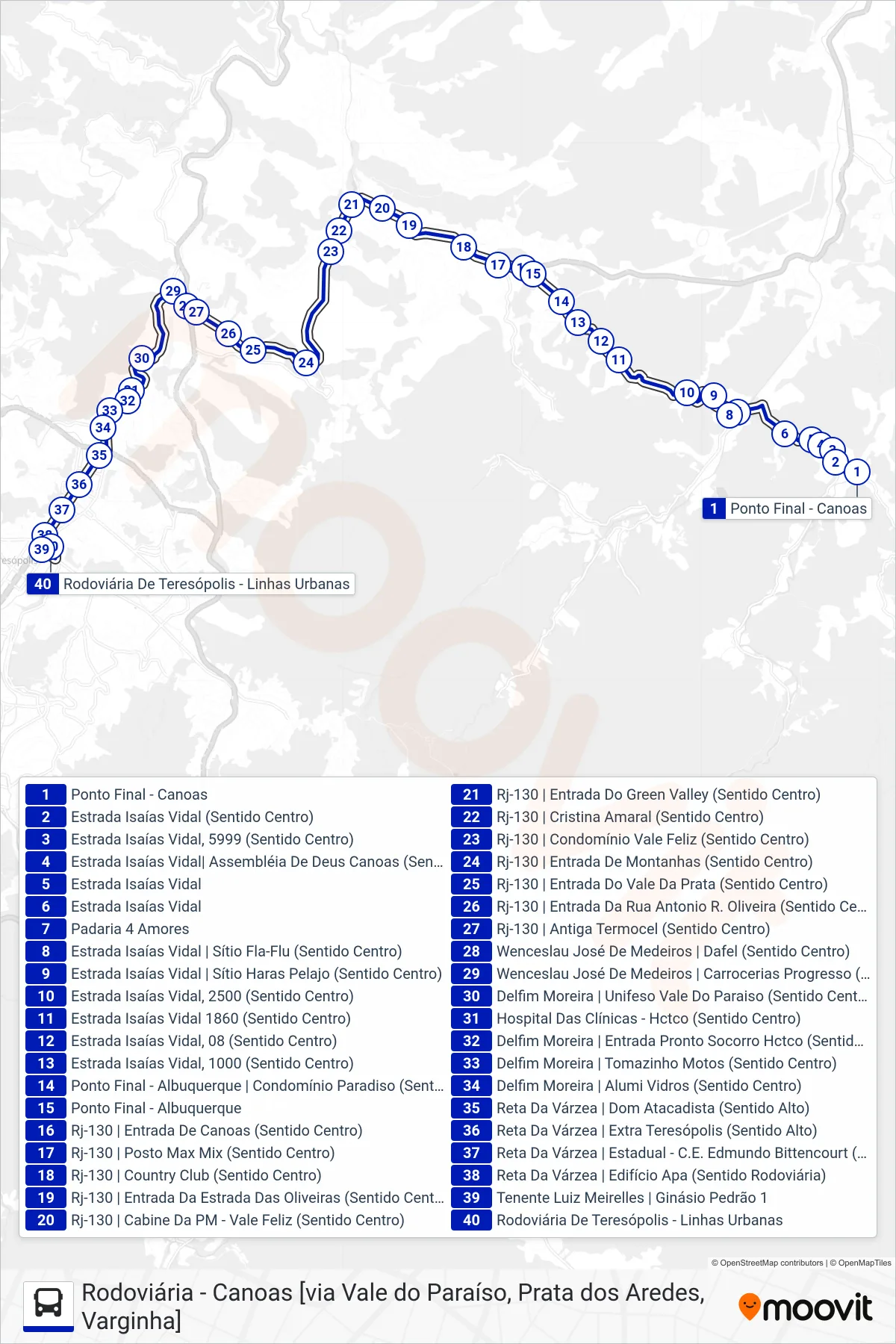 Rota e paradas da linha de ônibus  30  (Rodoviária [Via Vale do Paraíso]) no mapa
