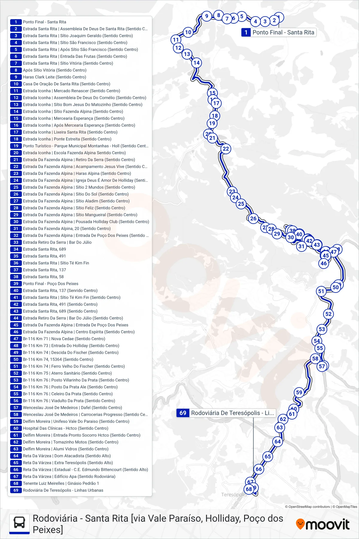Rota e paradas da linha de ônibus  33  (Rodoviária [Via Vale Paraíso]) no mapa