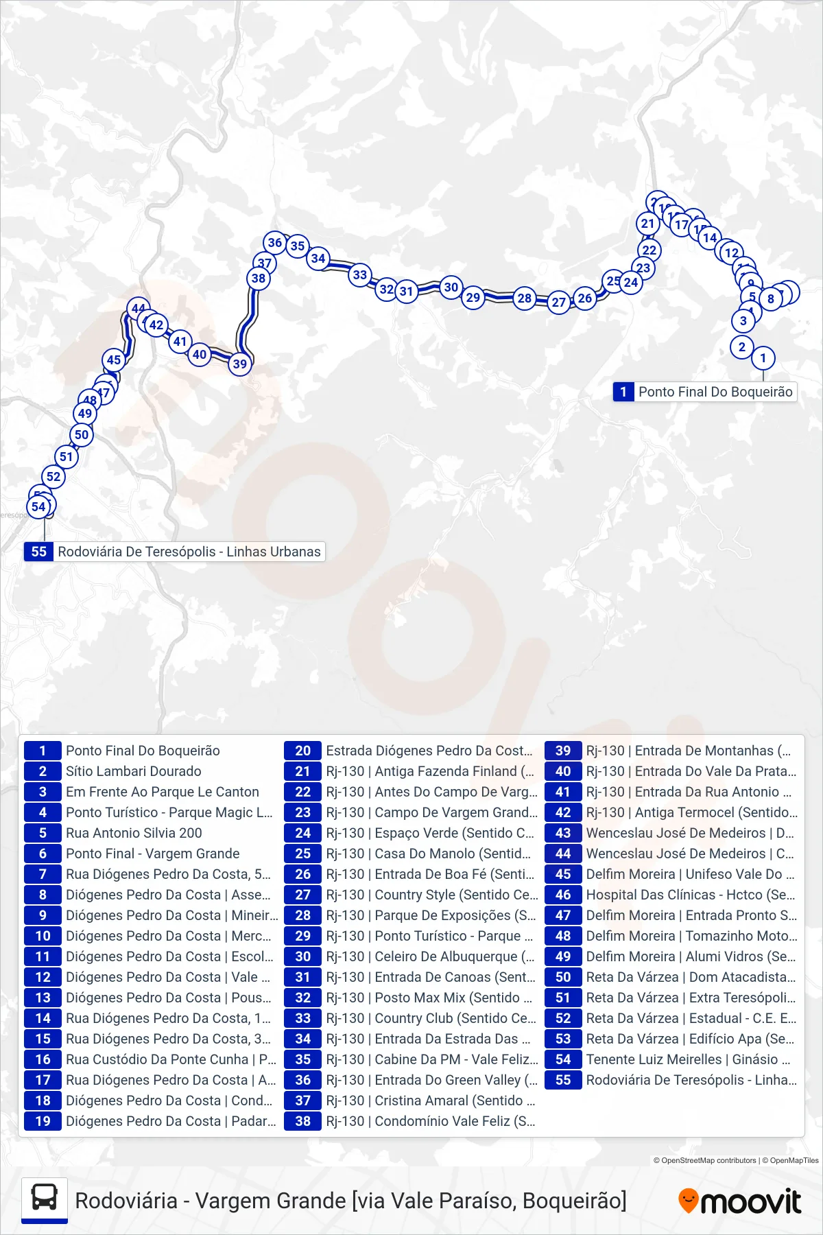 Rota e paradas da linha de ônibus  35  (Rodoviária [Via Vale do Paraíso]) no mapa