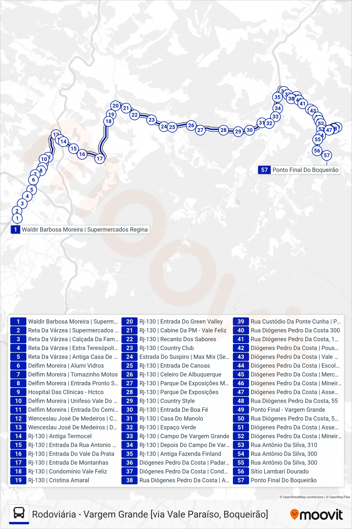Rota e paradas da linha de ônibus  35  (Vargem Grande [Via Boqueirão]) no mapa