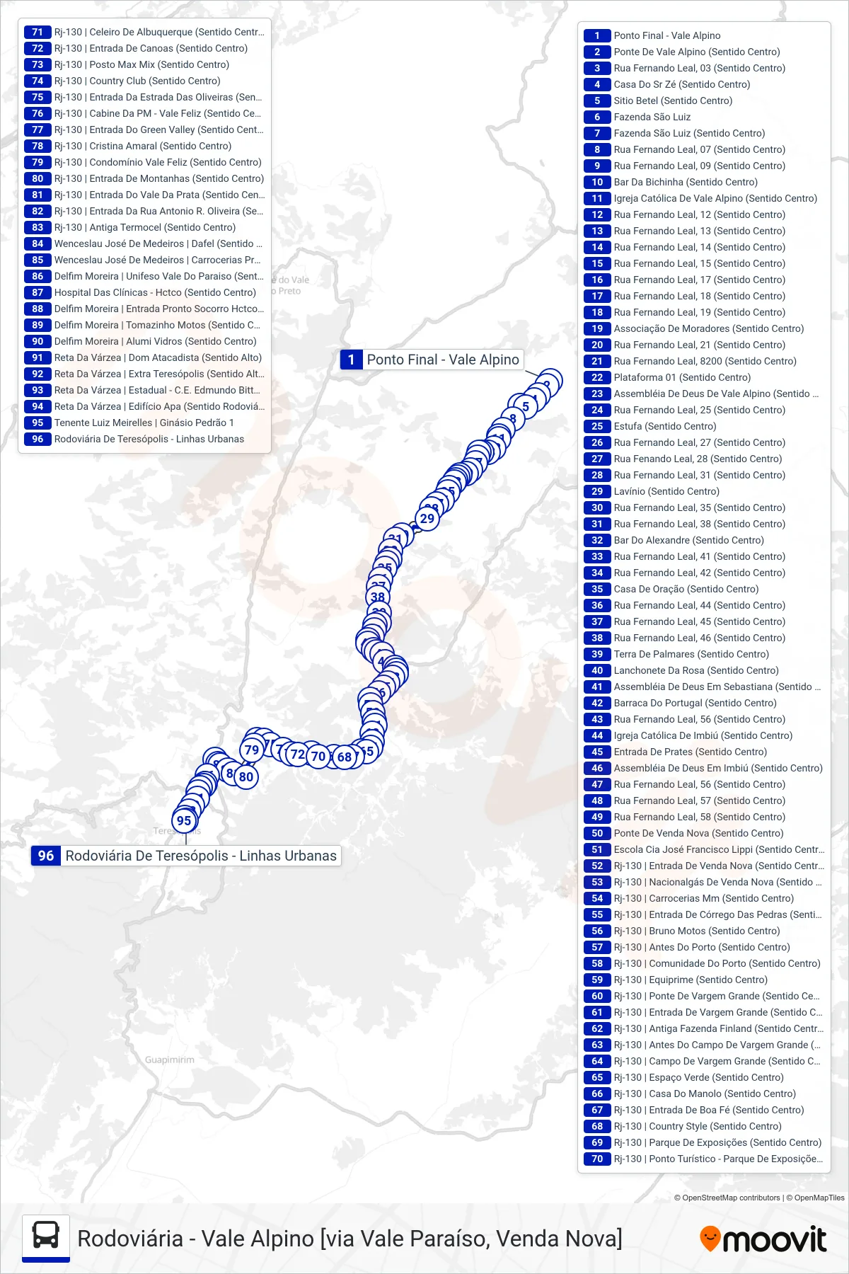 Rota e paradas da linha de ônibus  36  (Rodoviária [Via Vale do Paraíso]) no mapa