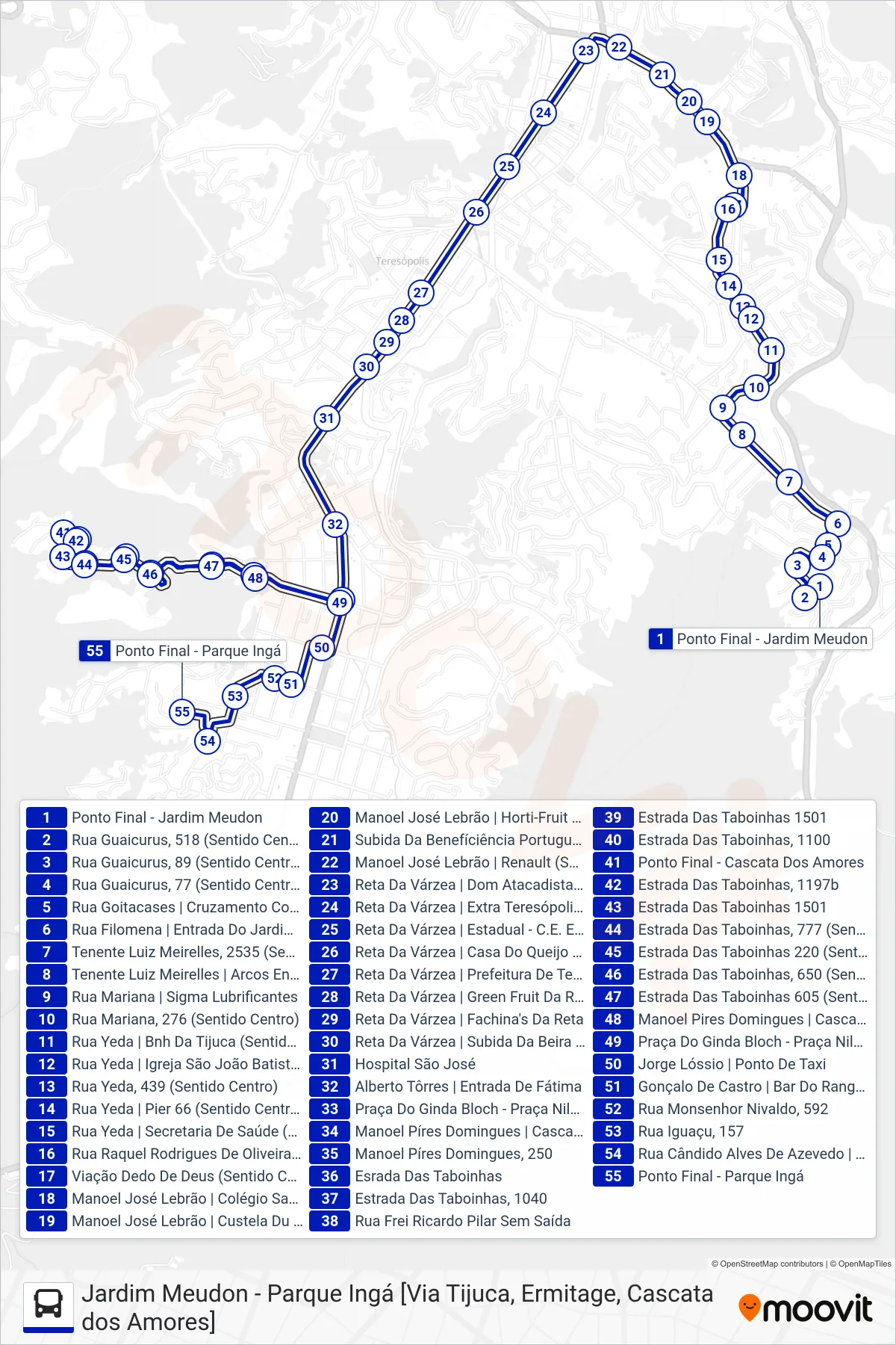 Rota e paradas da linha de ônibus  37  (Parque Ingá ↔ Casc. Amores                                                                [Via Ermitage, Tijuca]) no mapa