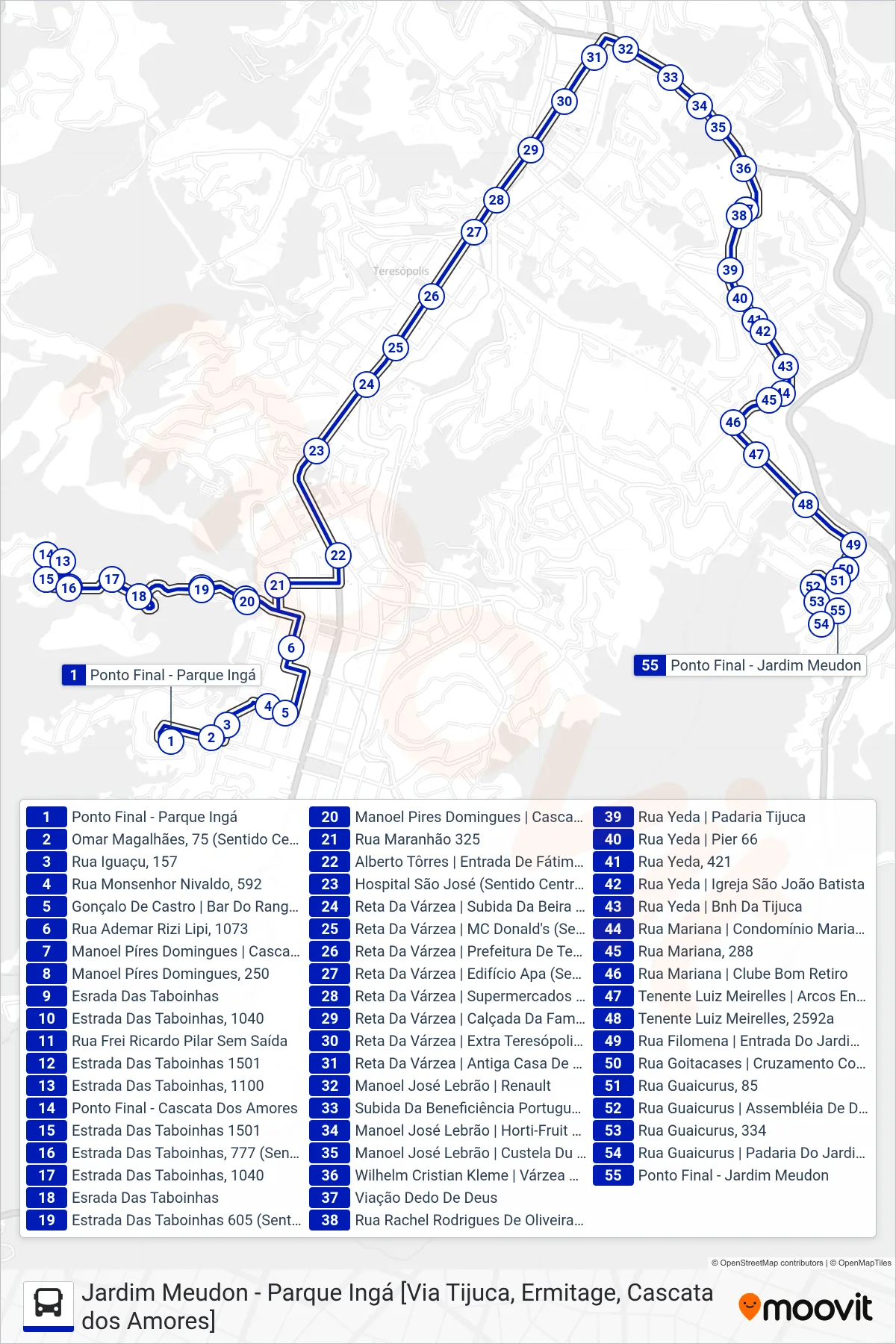 Rota e paradas da linha de ônibus  37  (Jd. Meudon↔ Casc. Amores                                                                [Via Ermitage, Tijuca]) no mapa