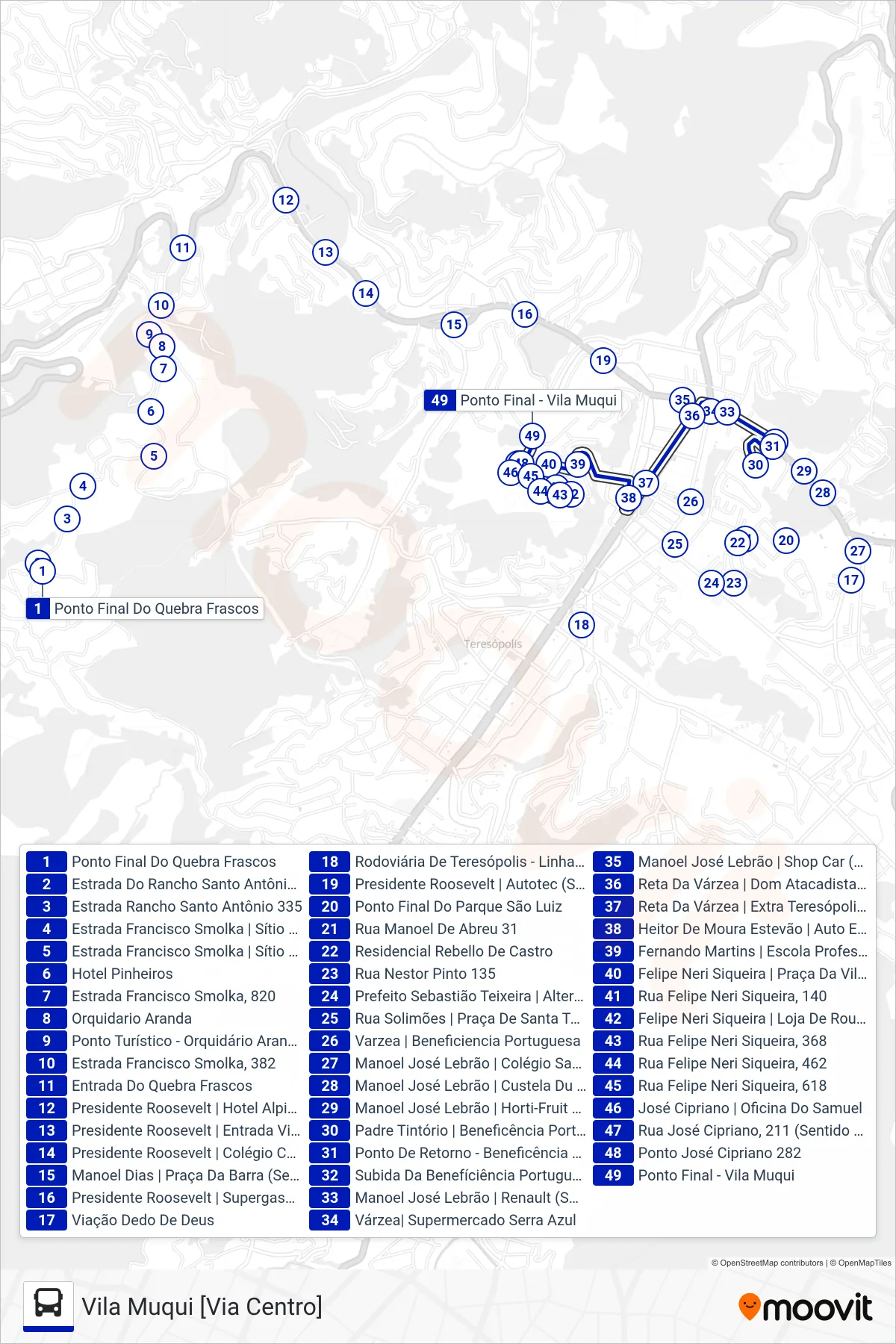 Rota e paradas da linha de ônibus  38  (Vila Muqui [Via Centro]) no mapa