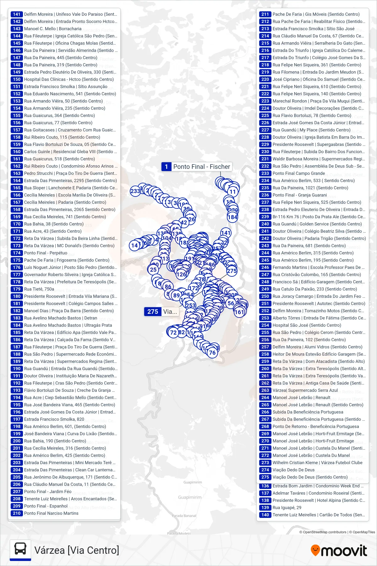 Rota e paradas da linha de ônibus  38  (Várzea [Via Centro]) no mapa