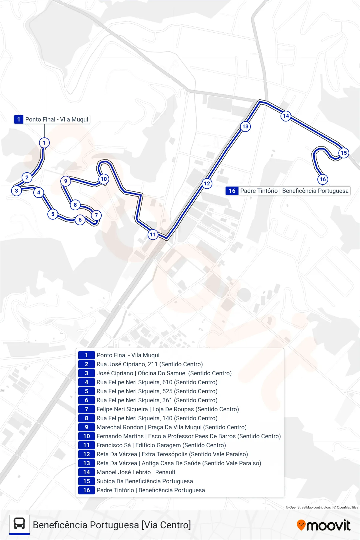 Rota e paradas da linha de ônibus  38  (Beneficência Portuguesa [Via Centro]) no mapa