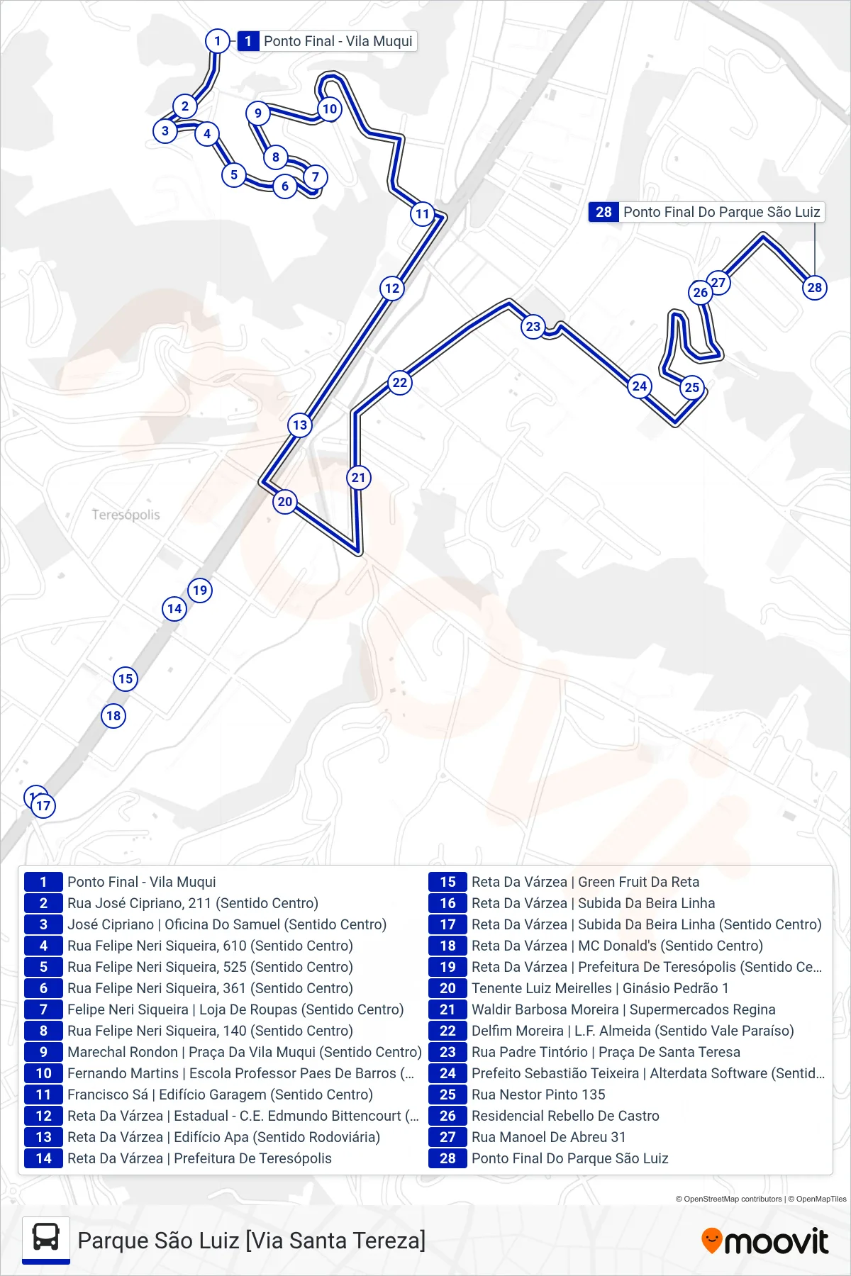 Rota e paradas da linha de ônibus  38  (Parque São Luiz [Via Santa Tereza]) no mapa