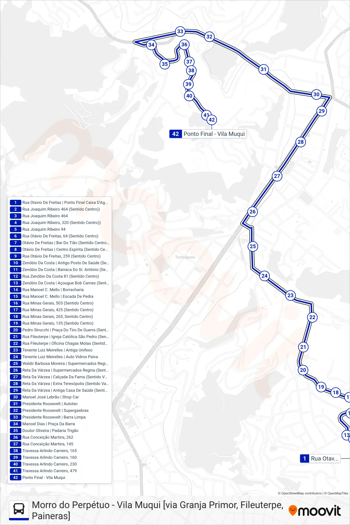 Rota e paradas da linha de ônibus  39  (Vila Muqui [Via Praça da Barra]) no mapa