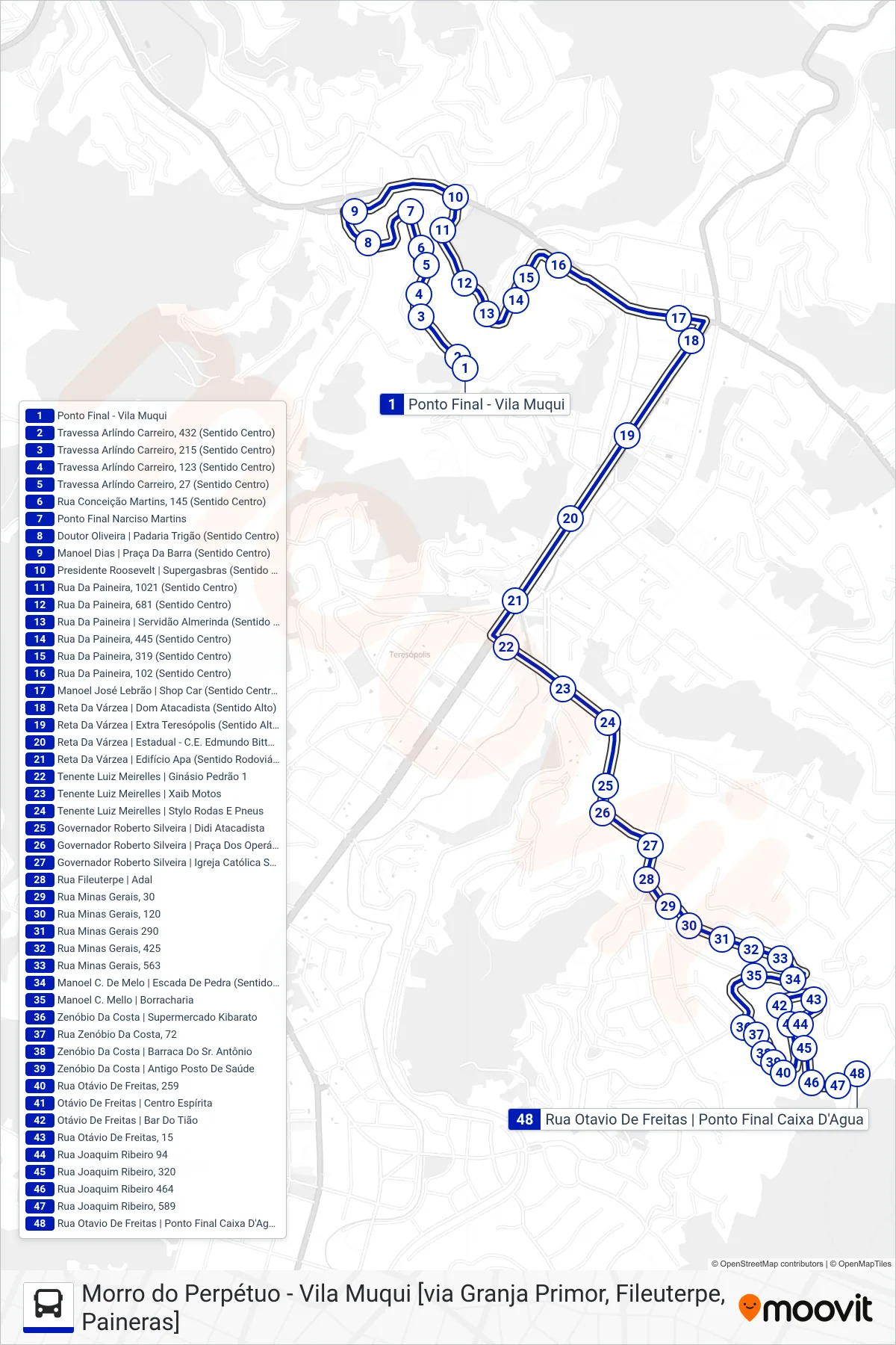 Rota e paradas da linha de ônibus  39  (Perpétuo [Via Grj. Primor, Pça. Operários]) no mapa