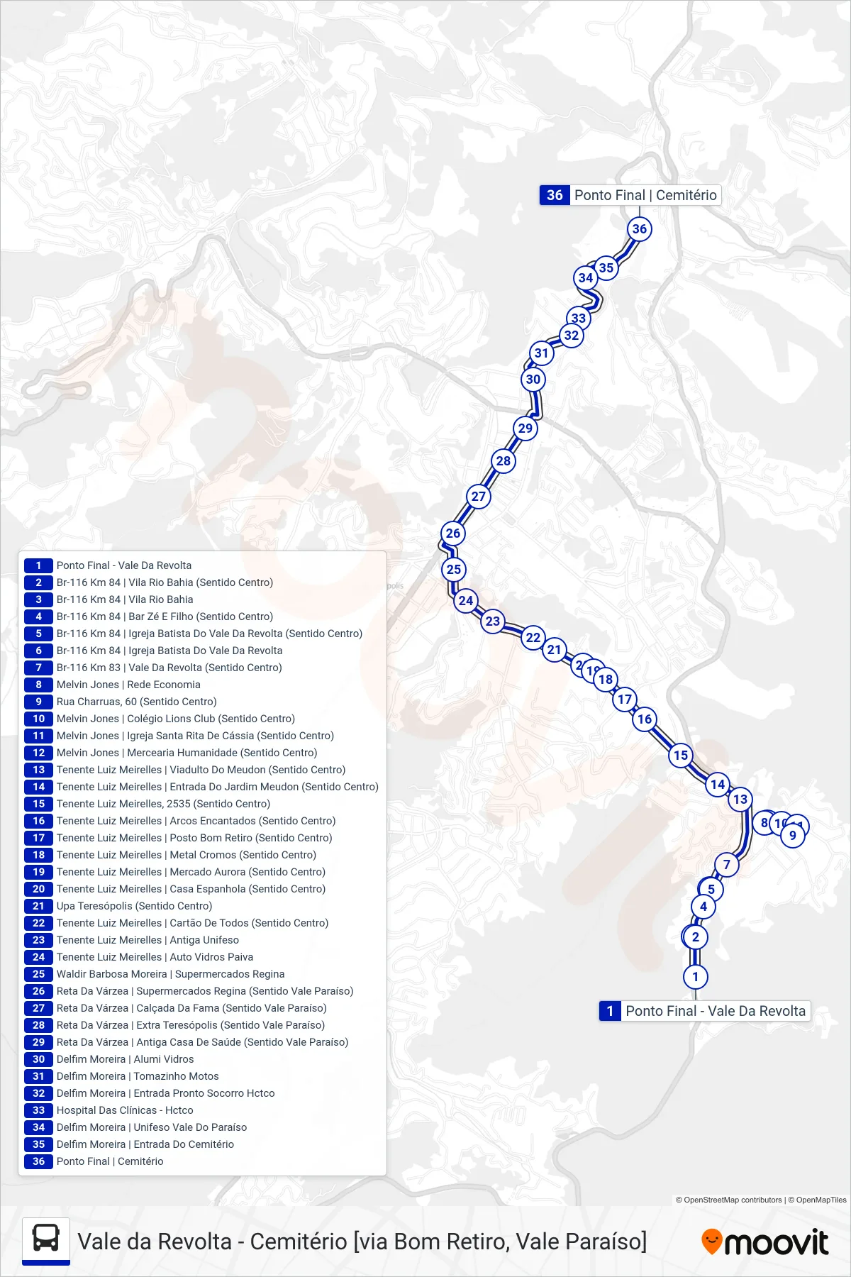 Rota e paradas da linha de ônibus  42  (Cemitério [Via Vale Paraíso]) no mapa
