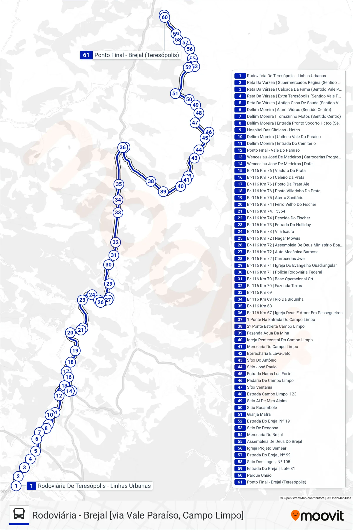 Rota e paradas da linha de ônibus  43  (Brejal [Via Campo Limpo]) no mapa