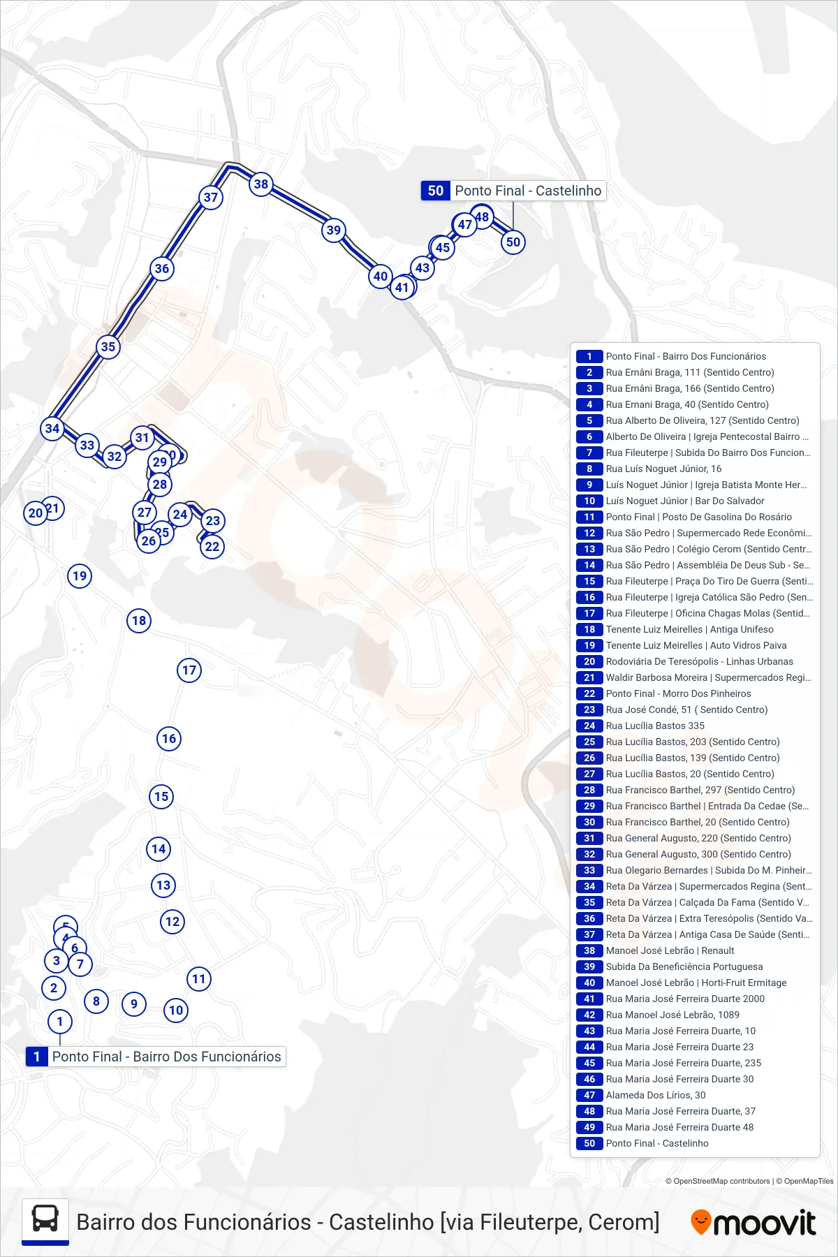 Rota e paradas da linha de ônibus  44  (Castelinho [Via Ermitage]) no mapa