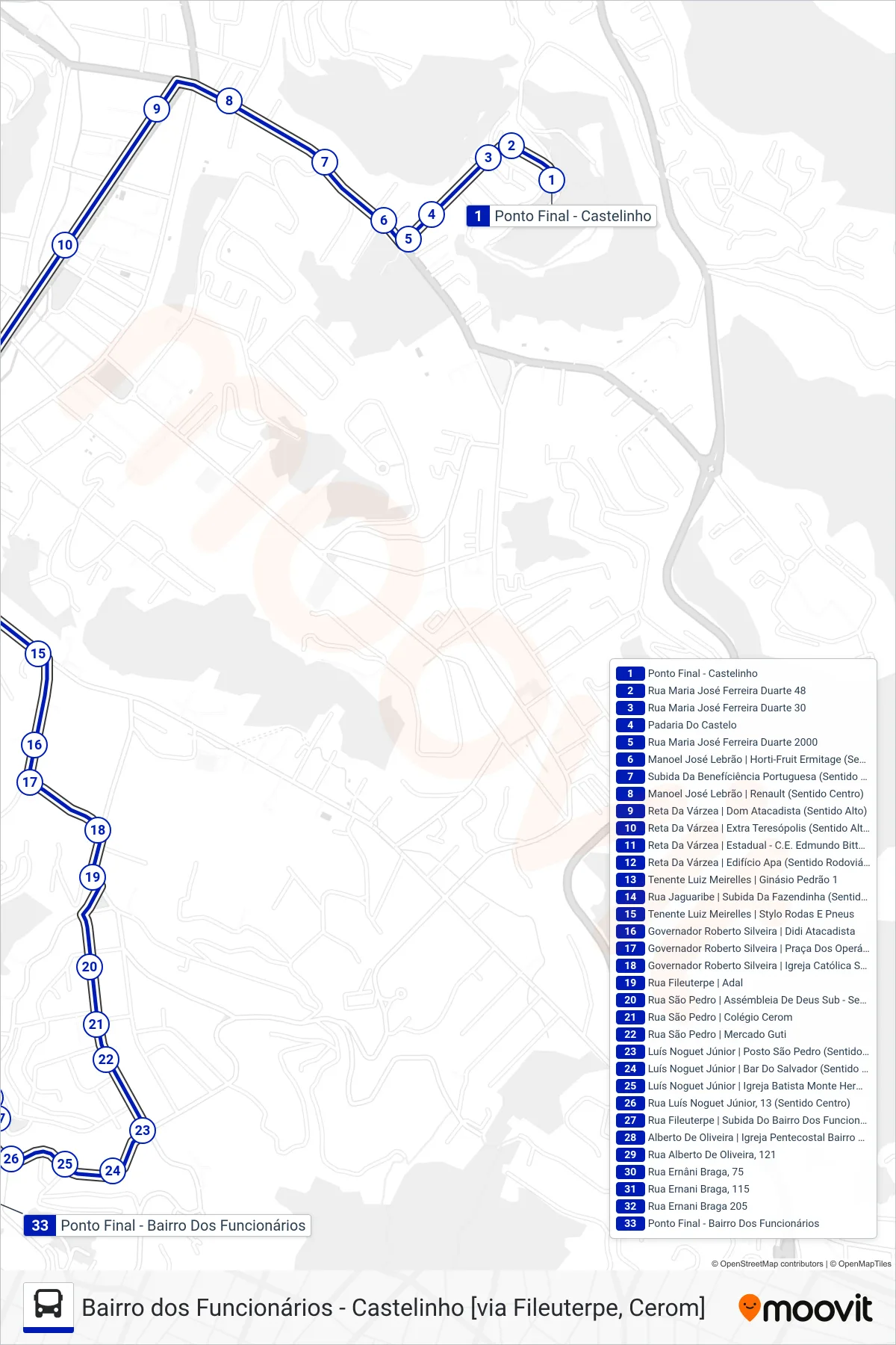 Rota e paradas da linha de ônibus  44  (Bairro Dos Funcionários [Via Cerom]) no mapa