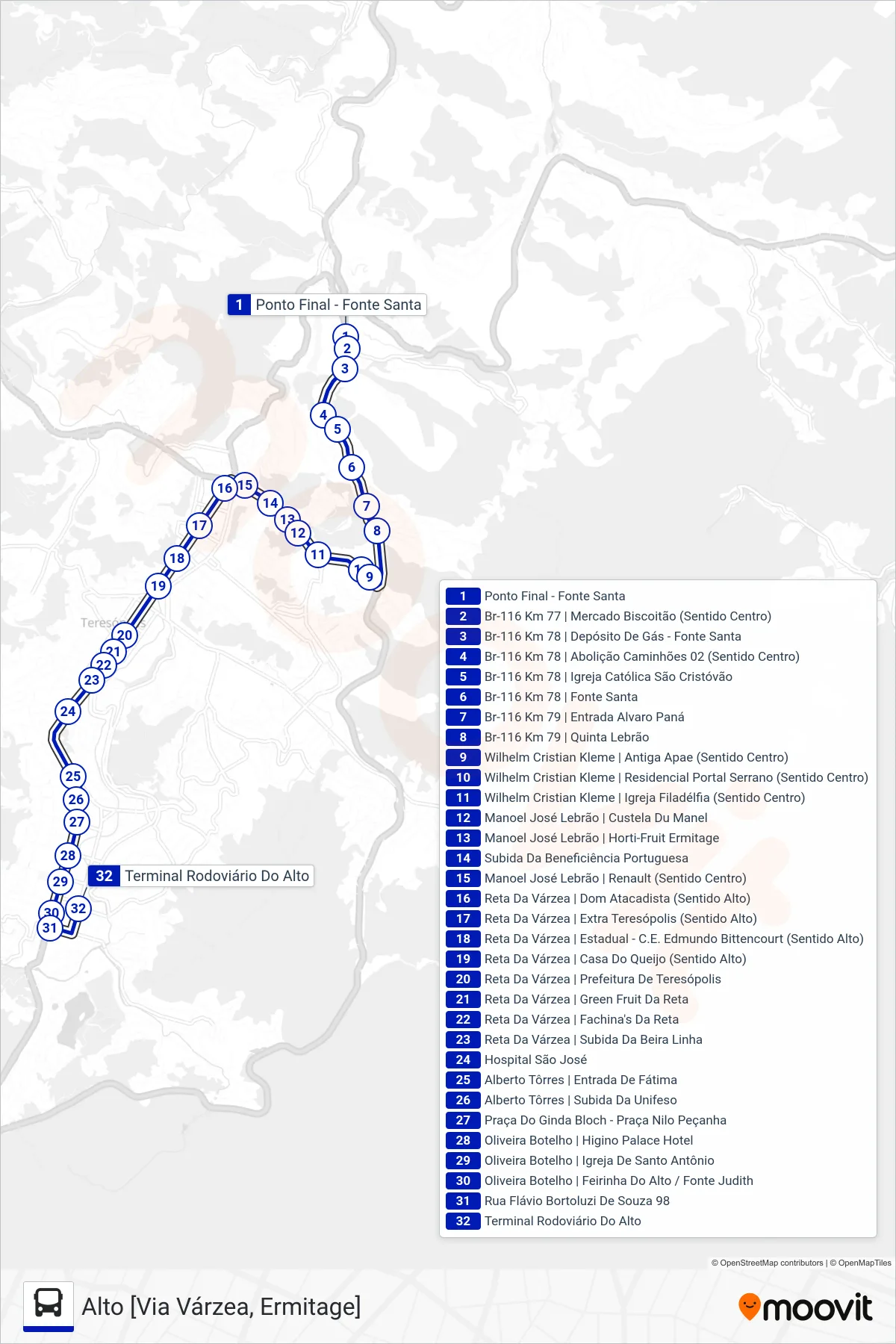 Rota e paradas da linha de ônibus  46  (Alto [Via Várzea, Ermitage]) no mapa