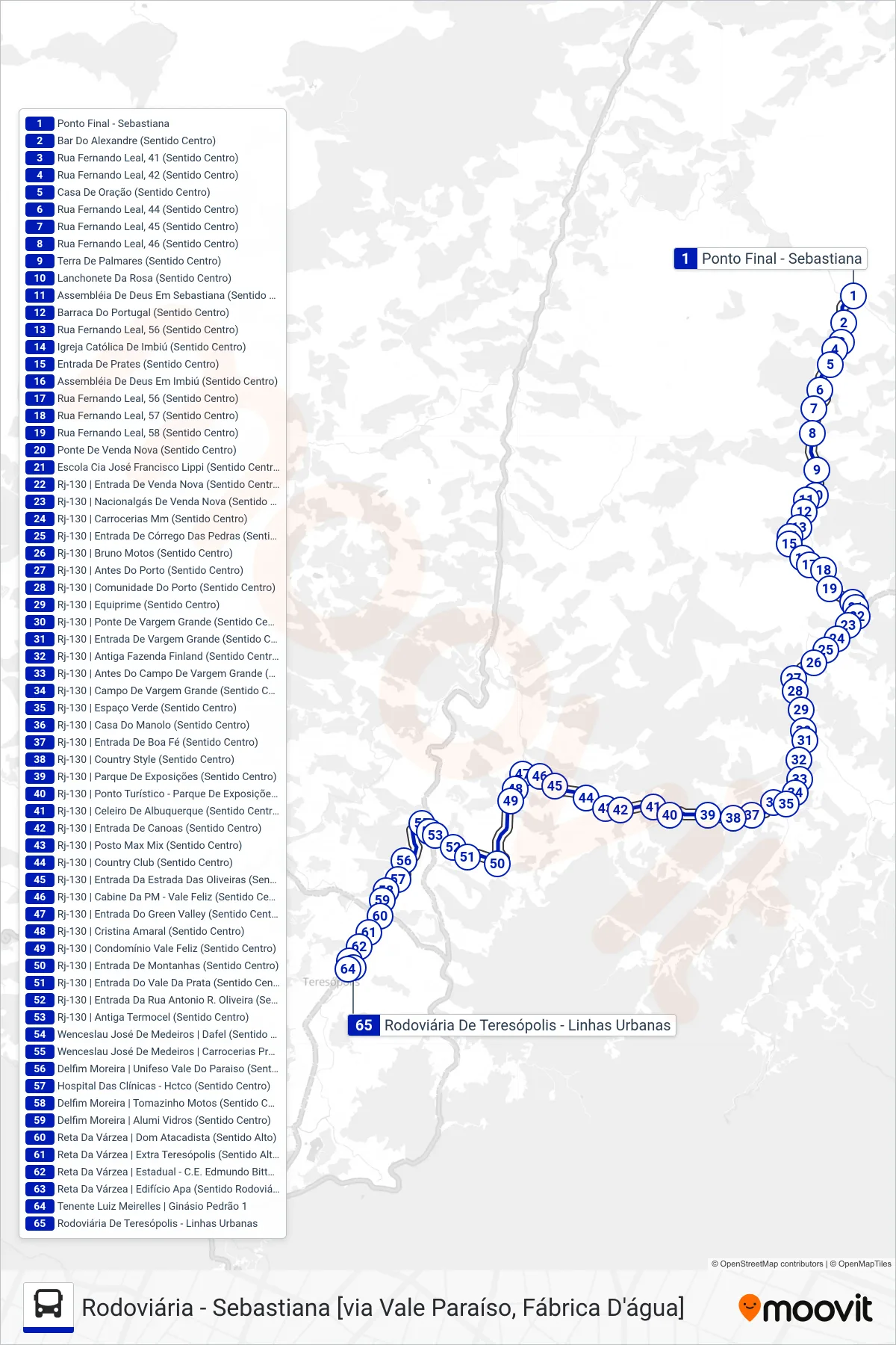 Rota e paradas da linha de ônibus  47  (Rodoviária [Via Vale Paraíso]) no mapa