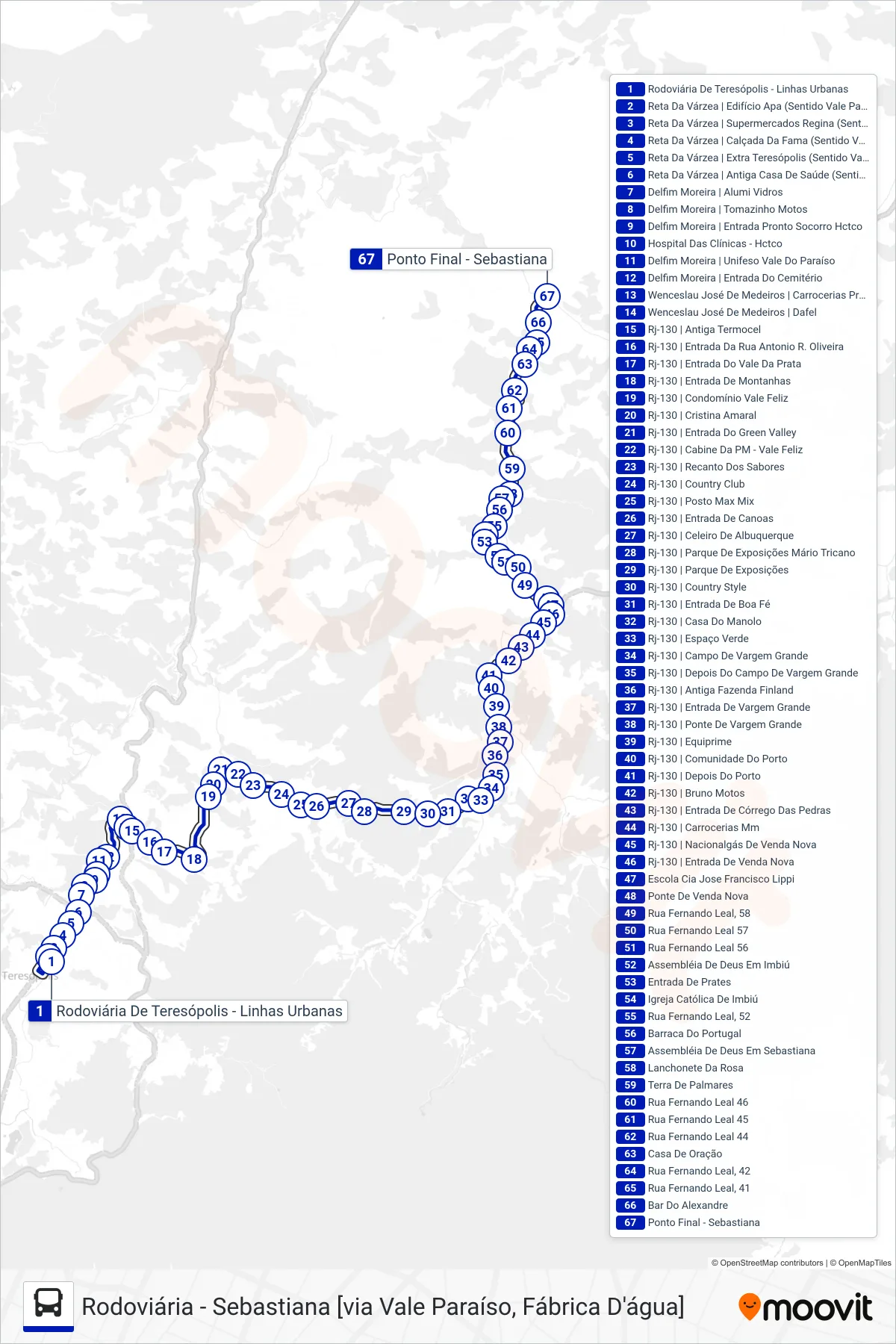 Rota e paradas da linha de ônibus  47  (Sebastiana [Via Venda Nova]) no mapa