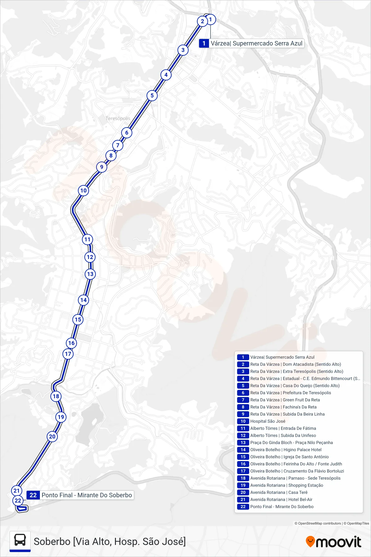 Rota e paradas da linha de ônibus  50  (Soberbo [Via Alto, Hosp. São José]) no mapa