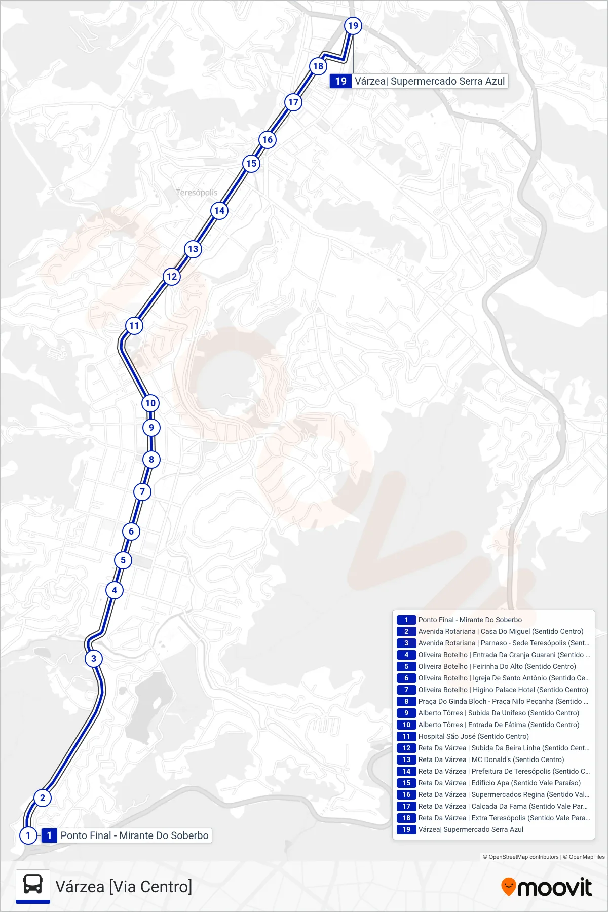 50 bus Line (Várzea [Via Centro]) route and stops on a map