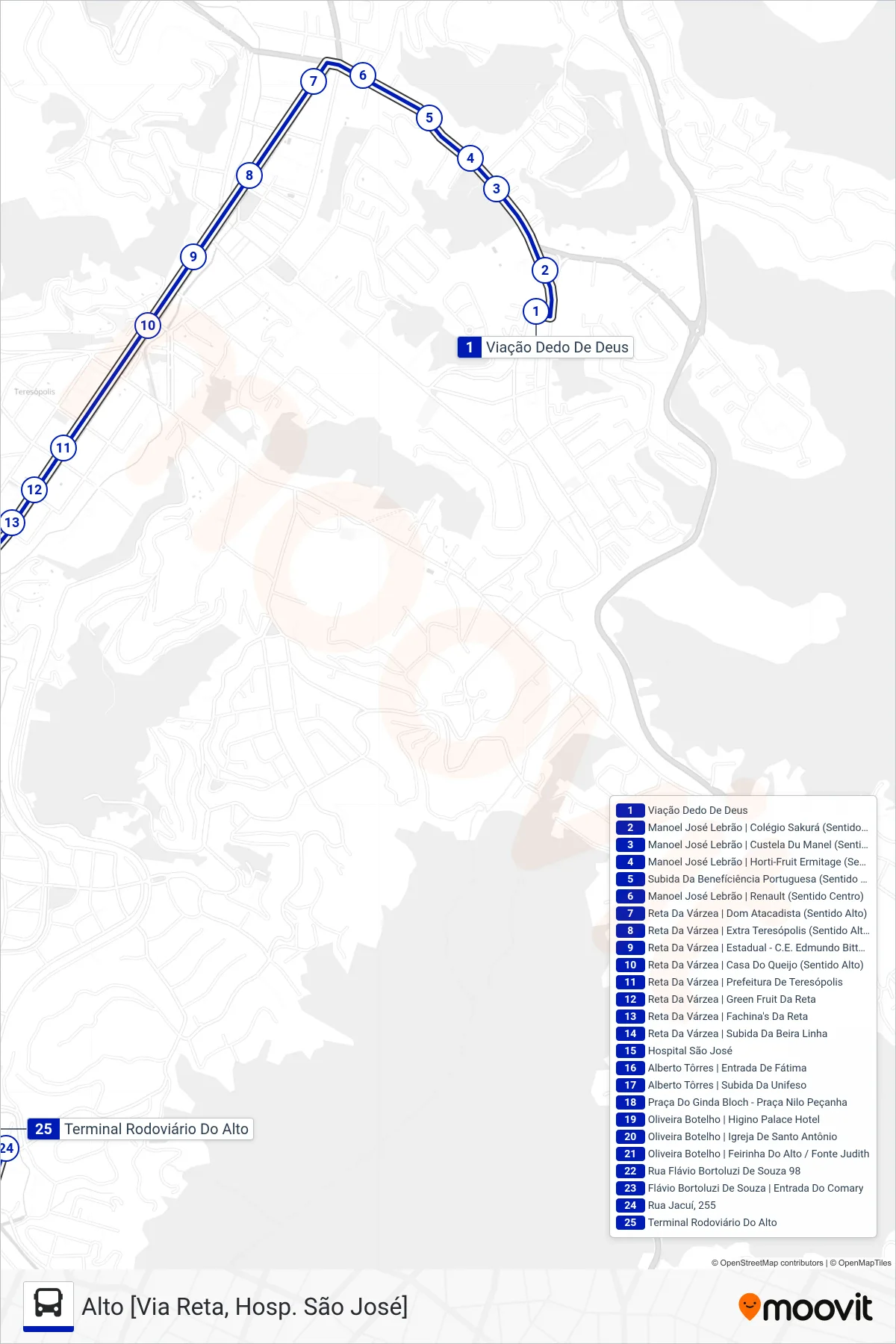 Rota e paradas da linha de ônibus  50  (Alto [Via Reta, Hosp. São José]) no mapa