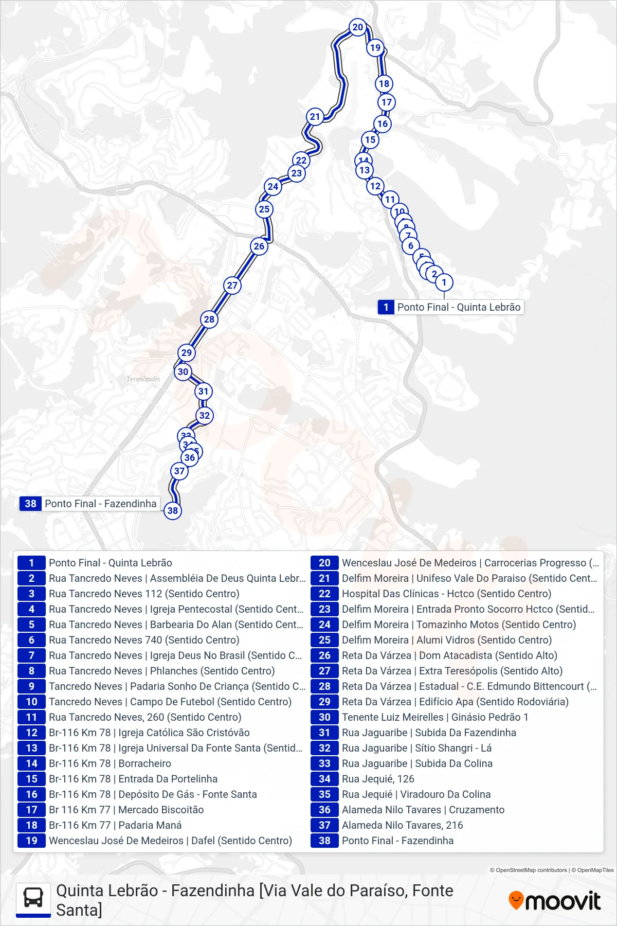 Rota e paradas da linha de ônibus  51  (Fazendinha [Via Vale Paraíso]) no mapa