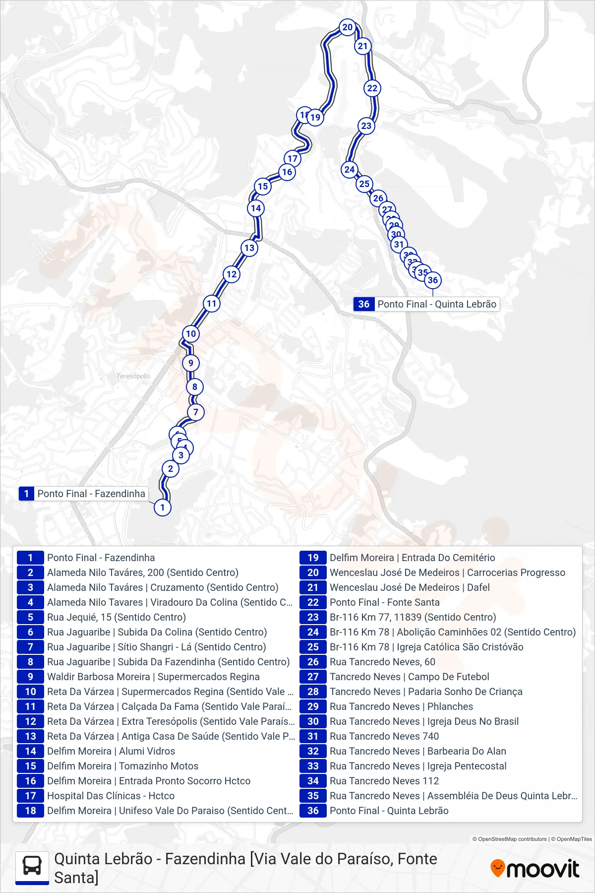 Rota e paradas da linha de ônibus  51  (Quinta Lebrão [Via Vale Paraíso]) no mapa