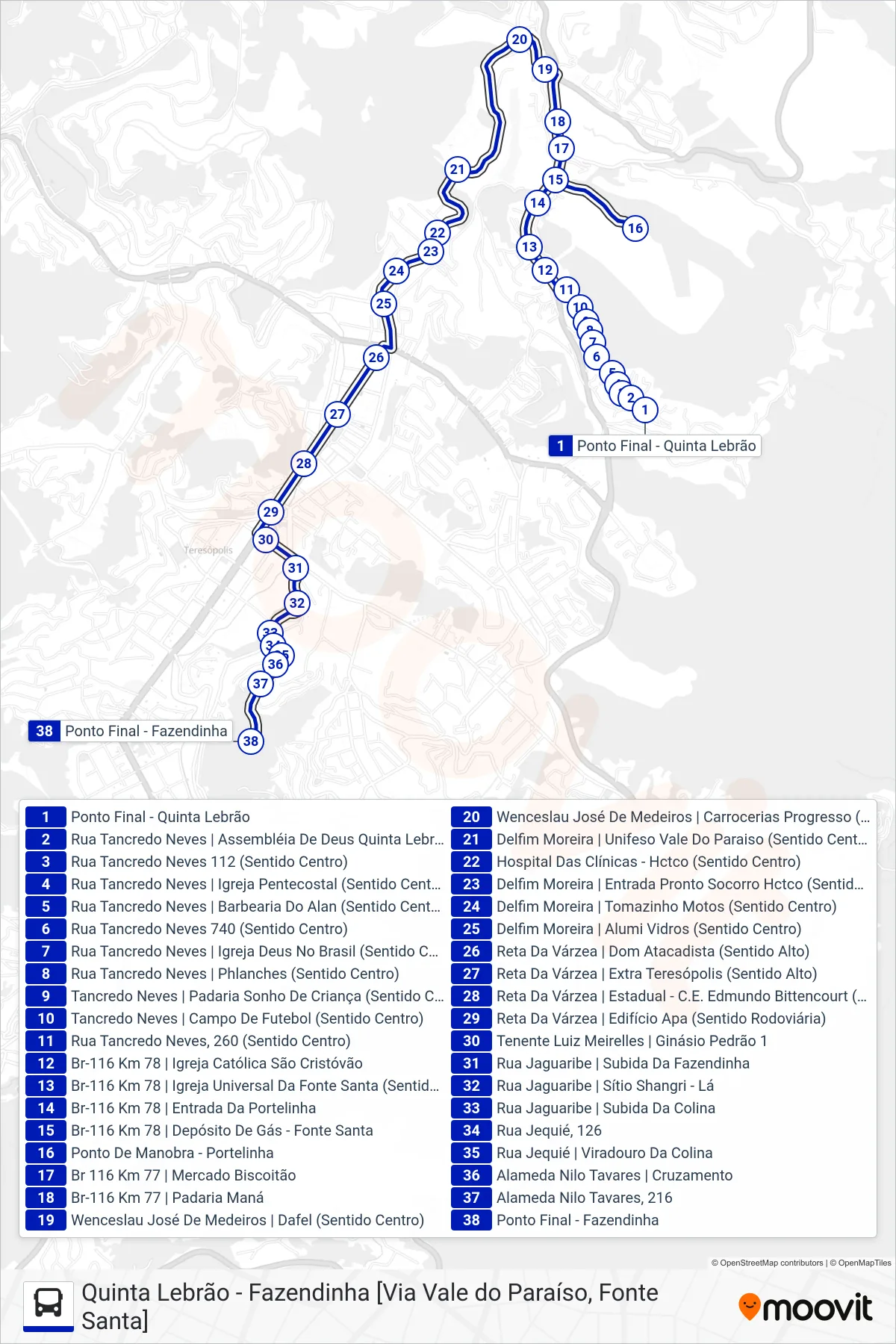 Rota e paradas da linha de ônibus  51  (Fazendinha [Via Portelinha, V. Paraíso]) no mapa