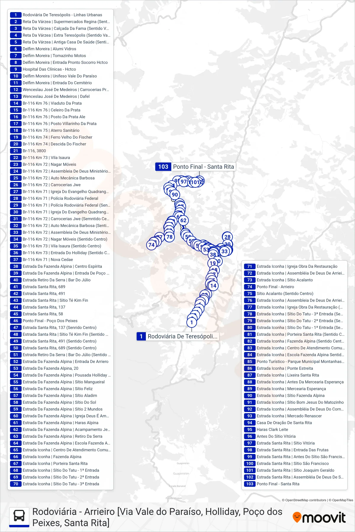 Rota e paradas da linha de ônibus  55  (Arrieiro [Via Sta. Rita, Pço. Peixes, Holliday]) no mapa