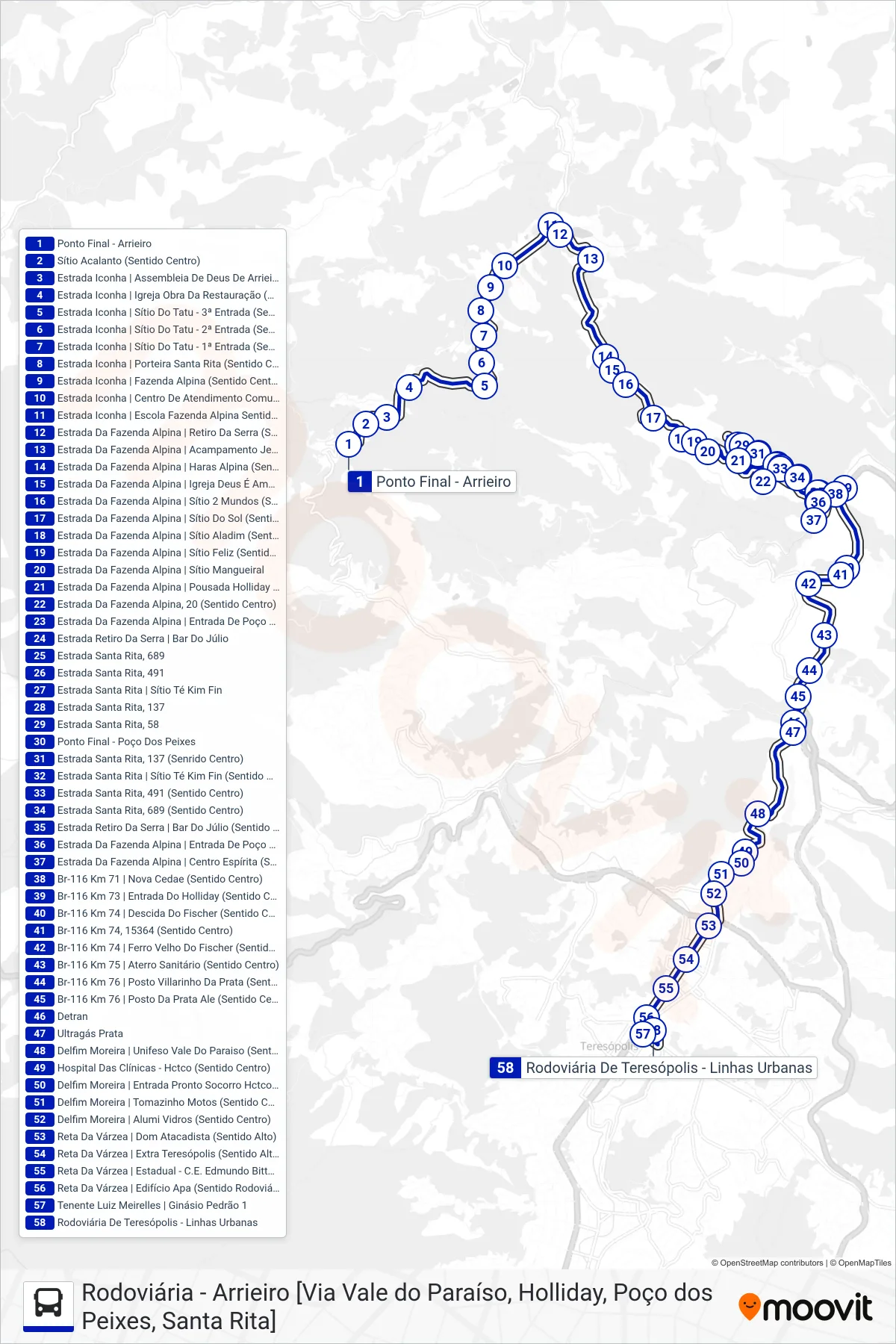 55 bus Line (Rodoviária [Via Vale Paraíso]) route and stops on a map