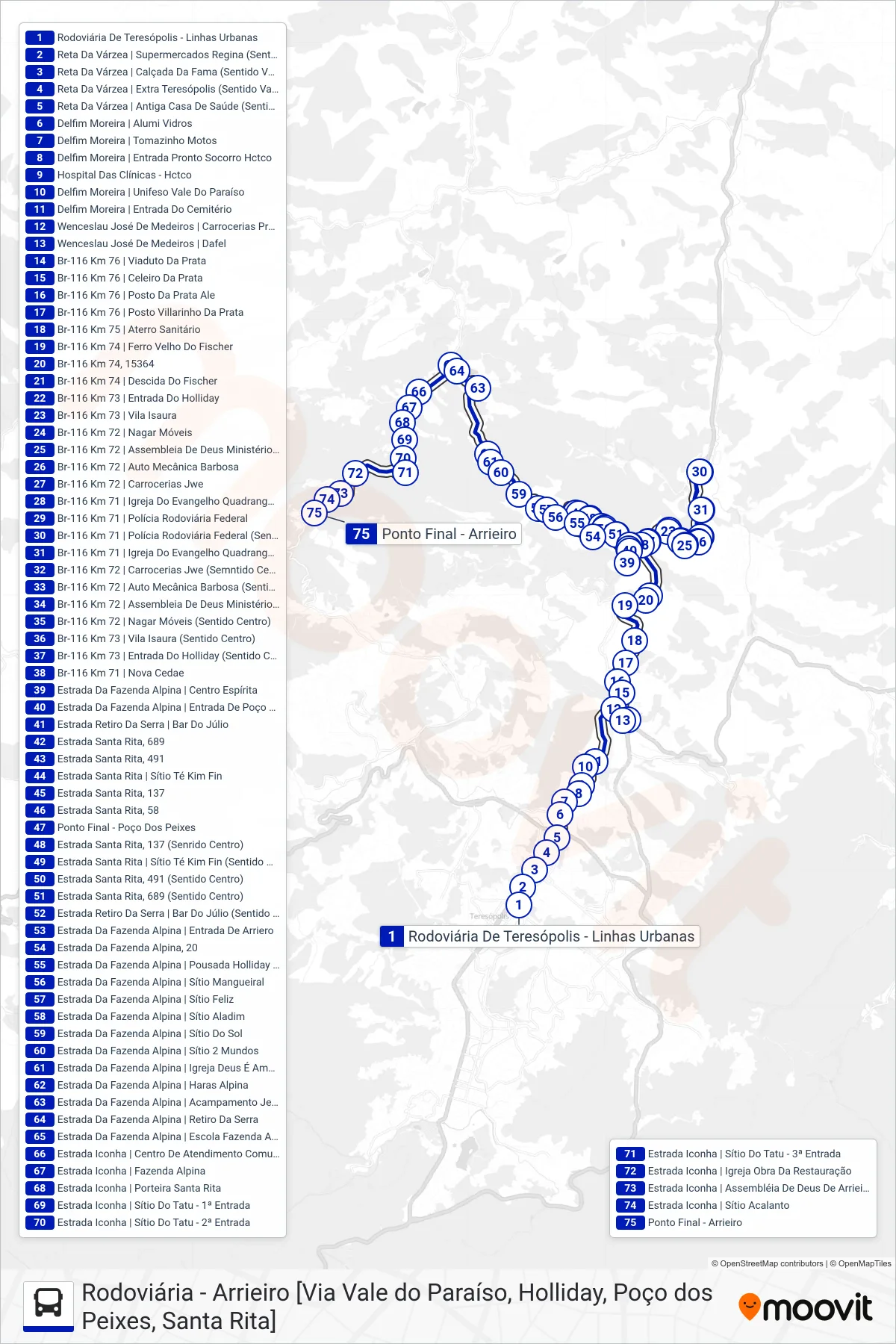 Rota e paradas da linha de ônibus  55  (Arrieiro [Via Holliday, Poço dos Peixes]) no mapa