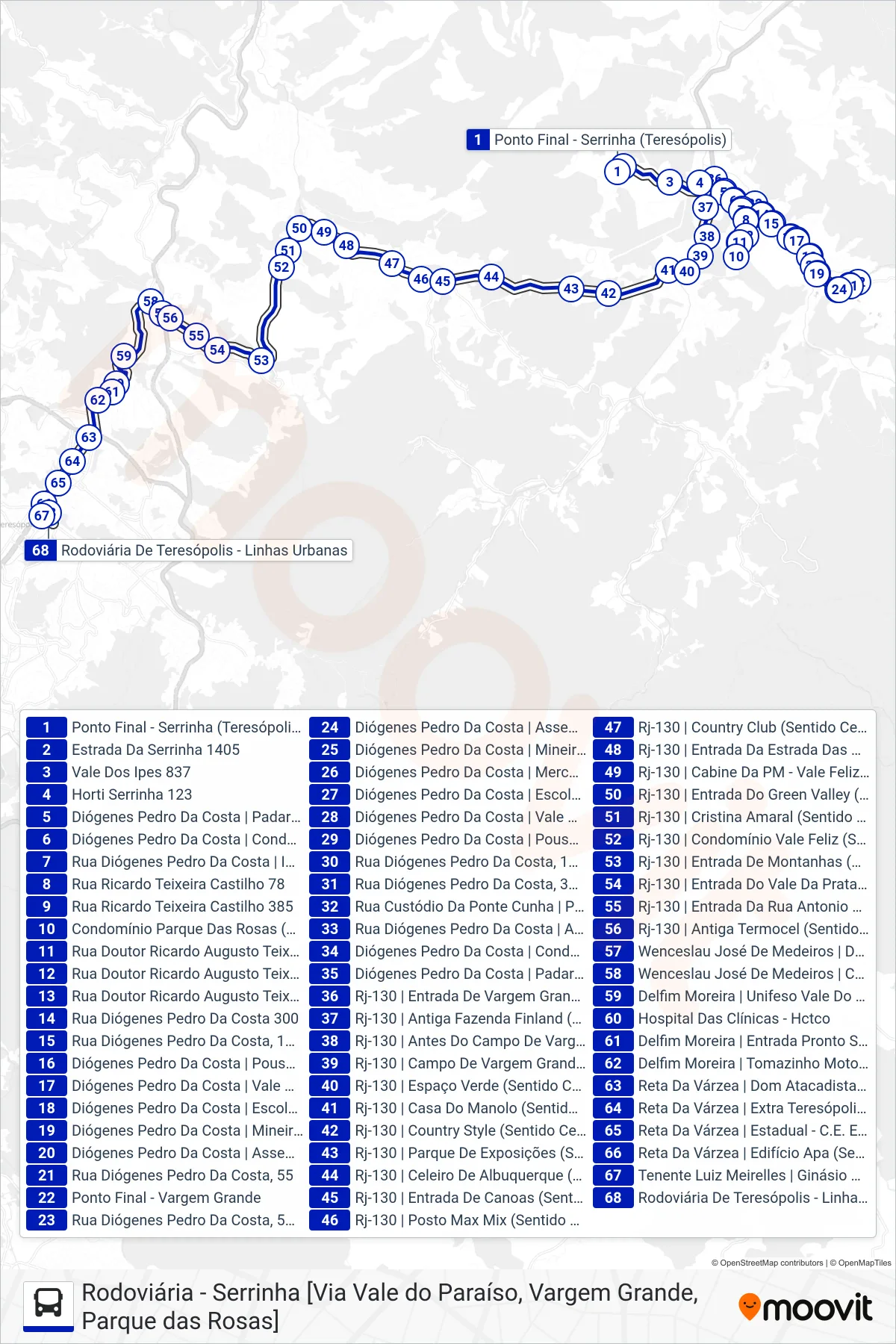 Rota e paradas da linha de ônibus  58  (Rodoviária [Via Vargem Grande]) no mapa