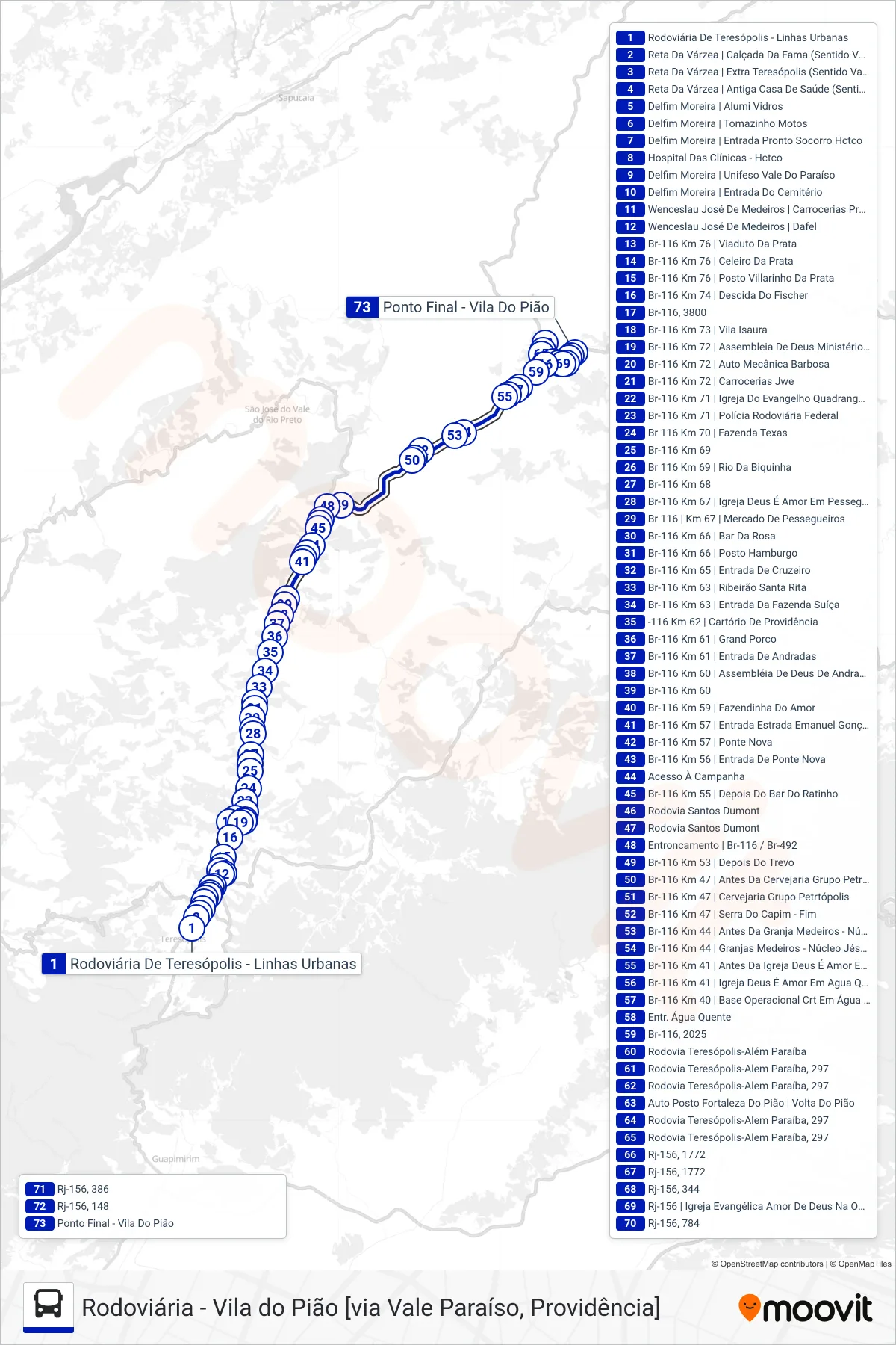 Rota e paradas da linha de ônibus  70  (Vila Do Pião [Via Posto Do Pião]) no mapa