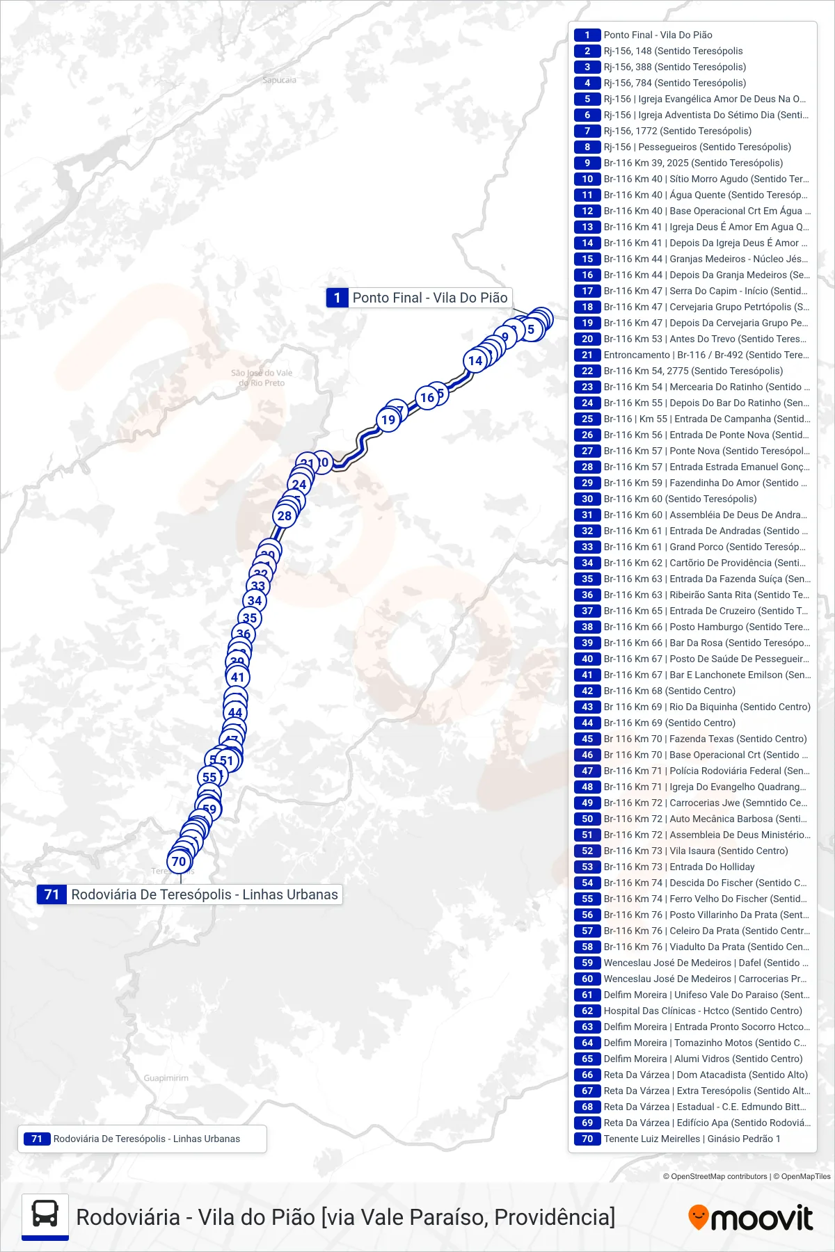 Rota e paradas da linha de ônibus  70  (Rodoviária [Via Vale do Paraíso]) no mapa