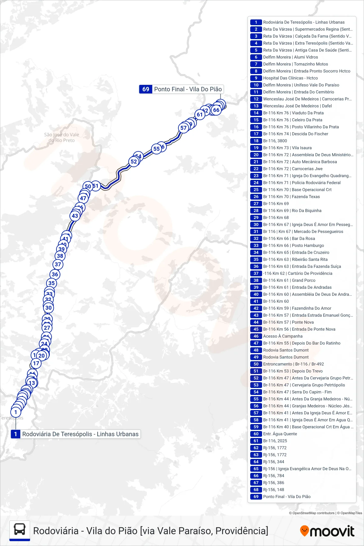 Rota e paradas da linha de ônibus  70  (Vila Do Pião [Via Providência]) no mapa