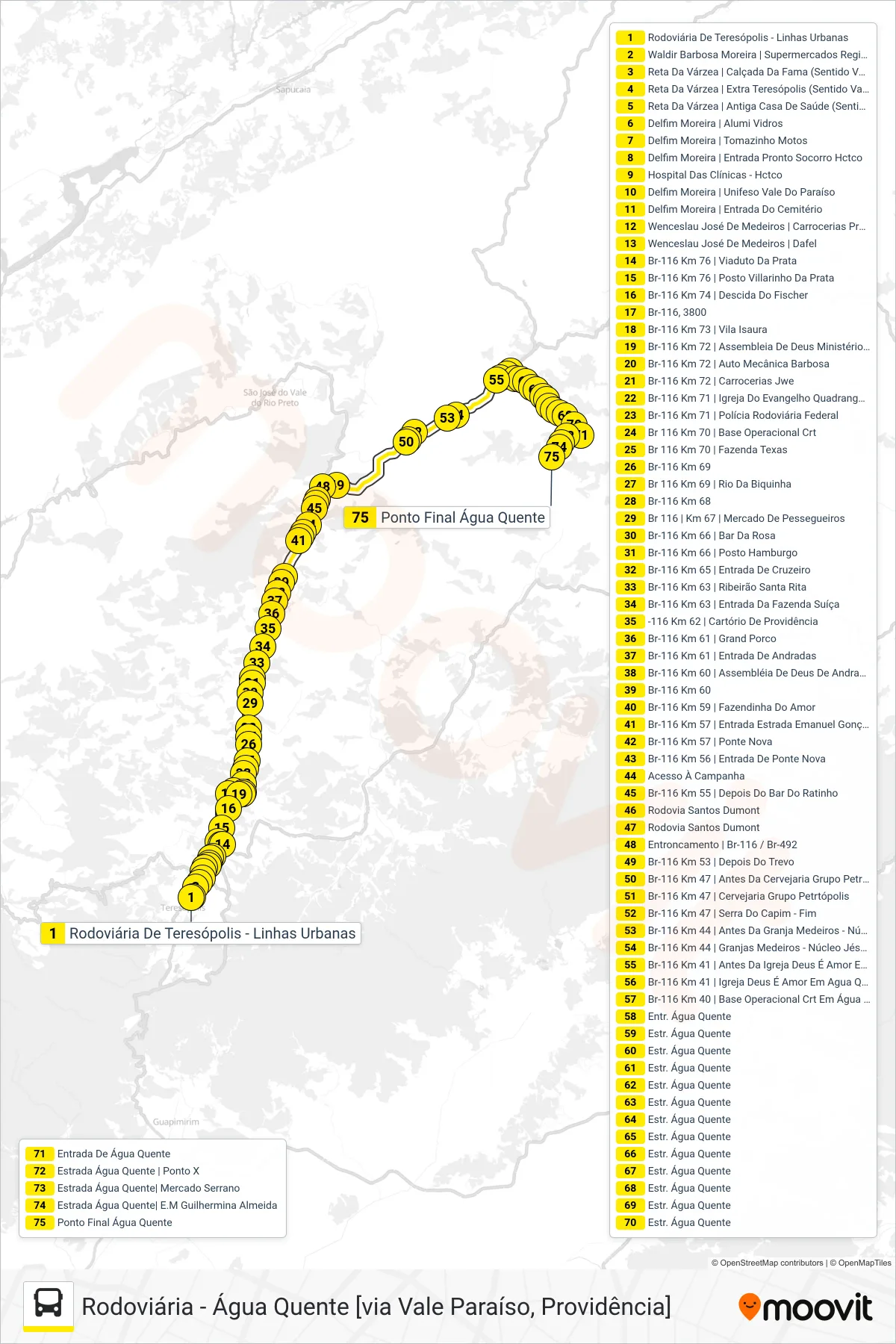 Rota e paradas da linha de ônibus  71  (Água Quente [Via Providência]) no mapa