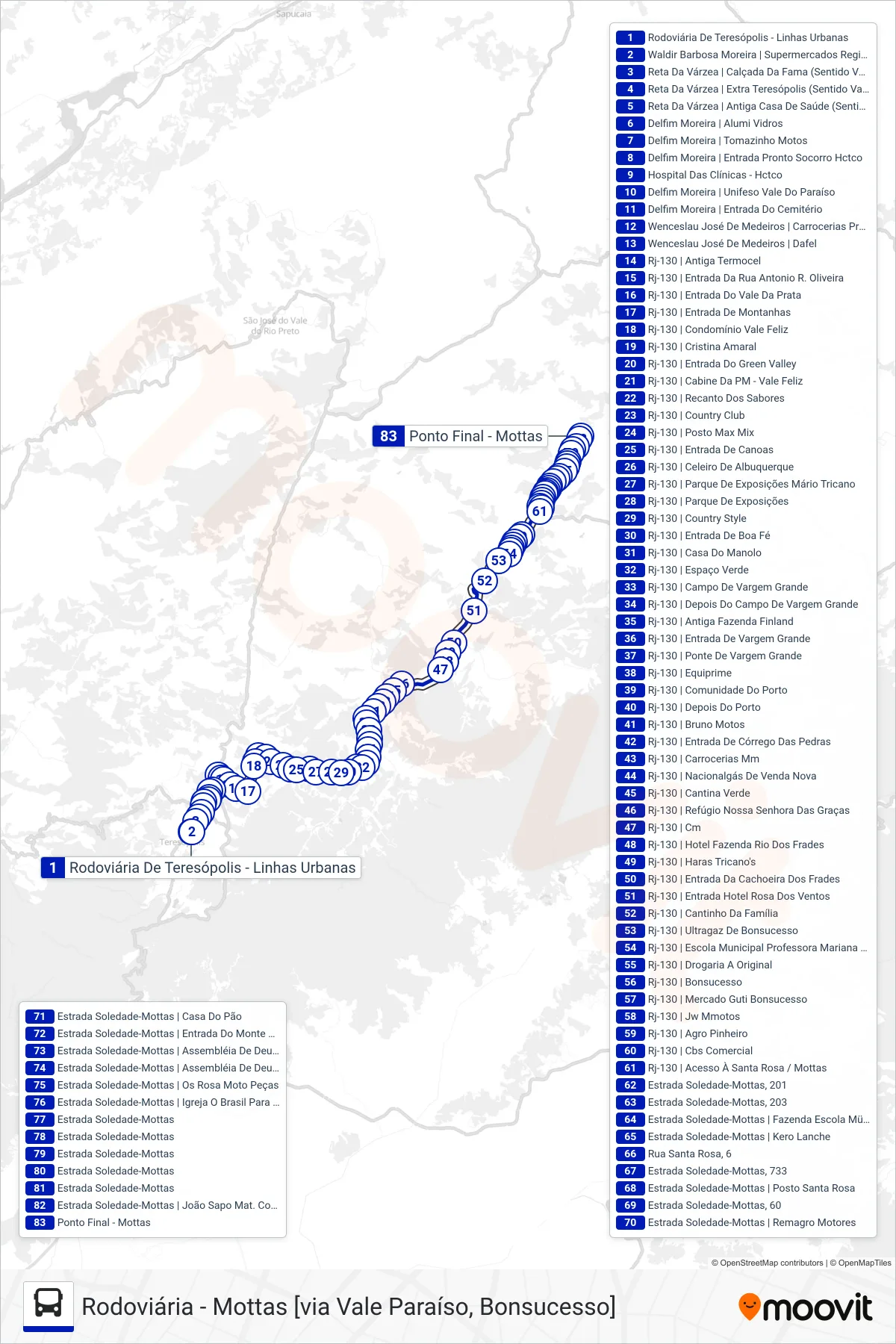 Rota e paradas da linha de ônibus  72  (Mottas [Via Bonsucesso]) no mapa