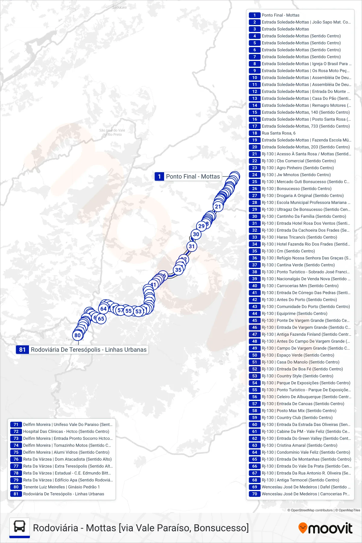 Rota e paradas da linha de ônibus  72  (Rodoviária [Via Vale Paraíso]) no mapa