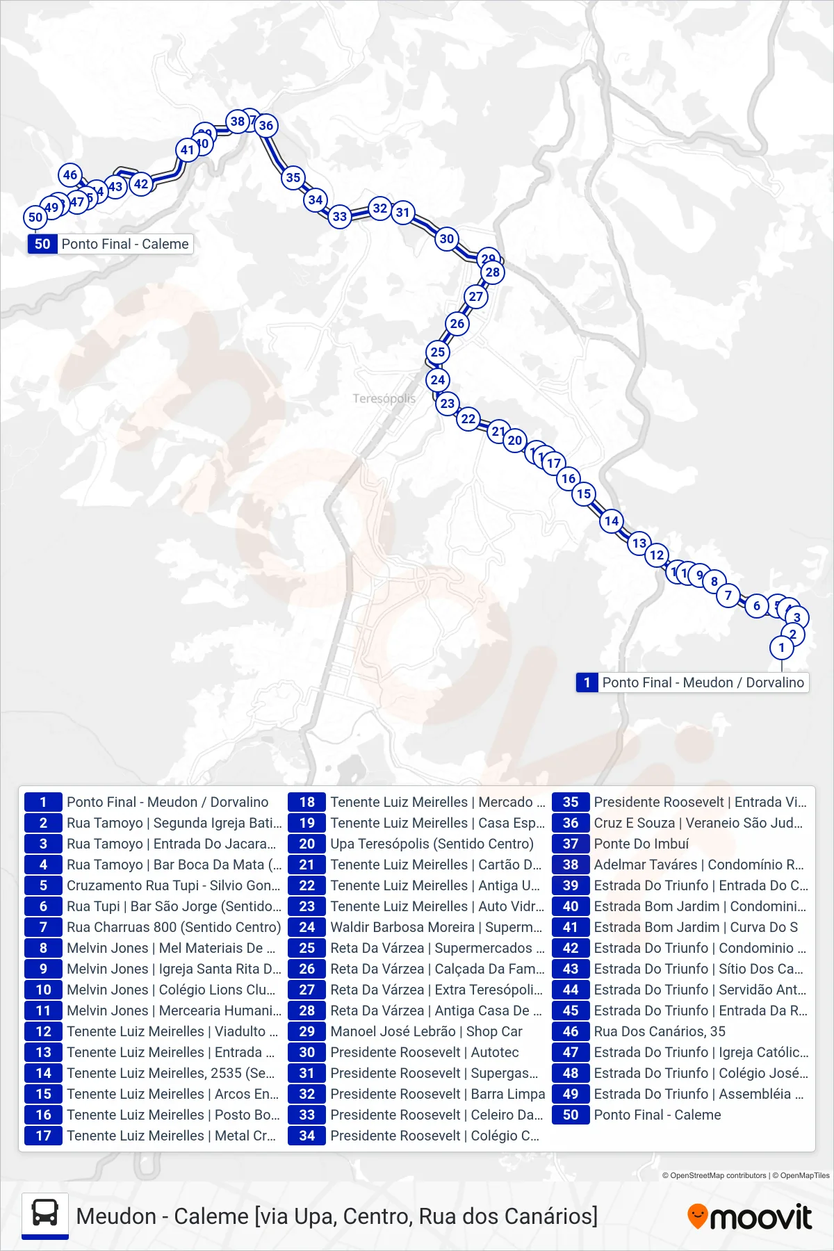 Rota e paradas da linha de ônibus  97  (Caleme [Via Rua Dos Canários]) no mapa