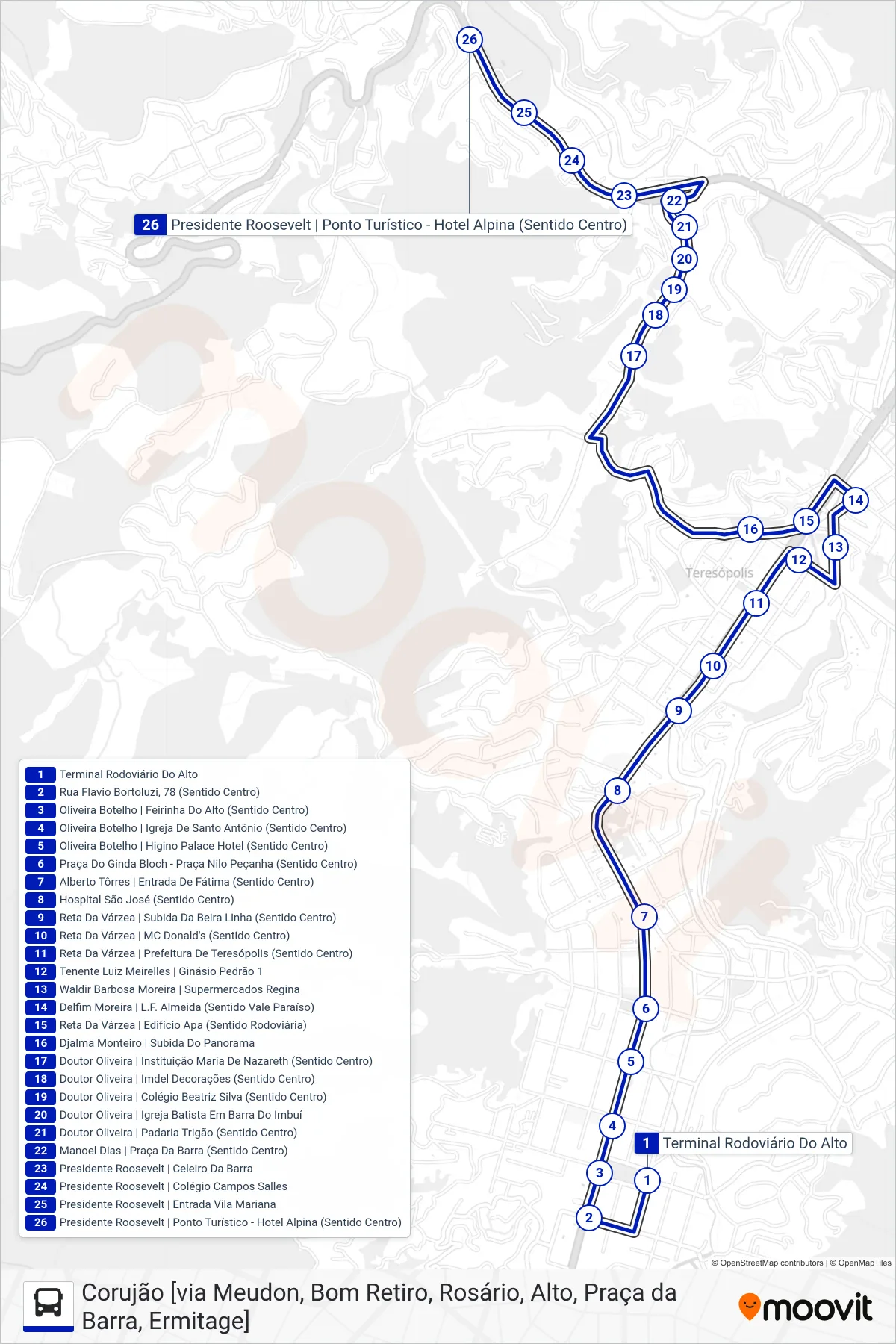 Rota e paradas da linha de ônibus  99  (Hotel Alpina [Via Panorama]) no mapa