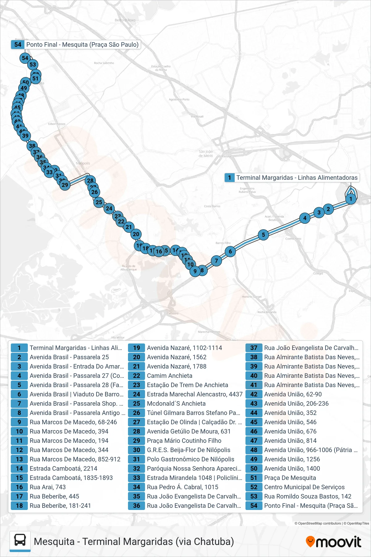Rota e paradas da linha de ônibus 478I (Mesquita) no mapa