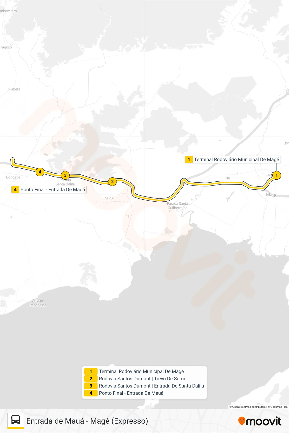 Rota e paradas da linha de ônibus TZ02 (Entrada de Mauá) no mapa