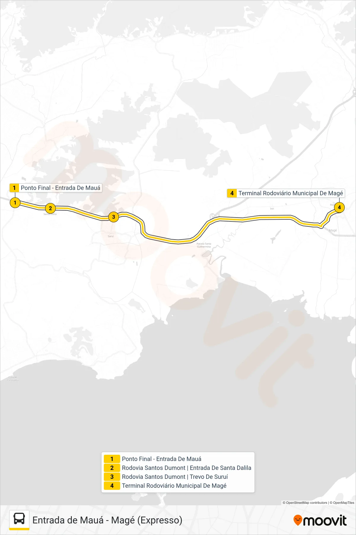 Rota e paradas da linha de ônibus TZ02 (Magé) no mapa