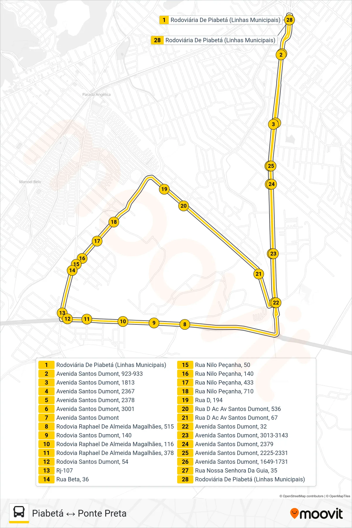 TZ14 bus Line (Piabetá ↔ Ponte Preta) route and stops on a map