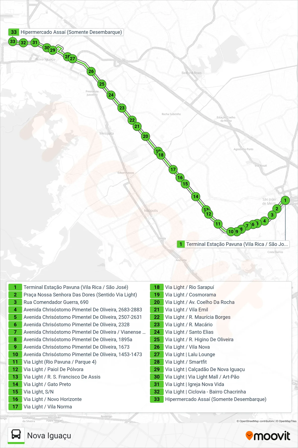 Rota e paradas da linha de ônibus 541 (Nova Iguaçu) no mapa