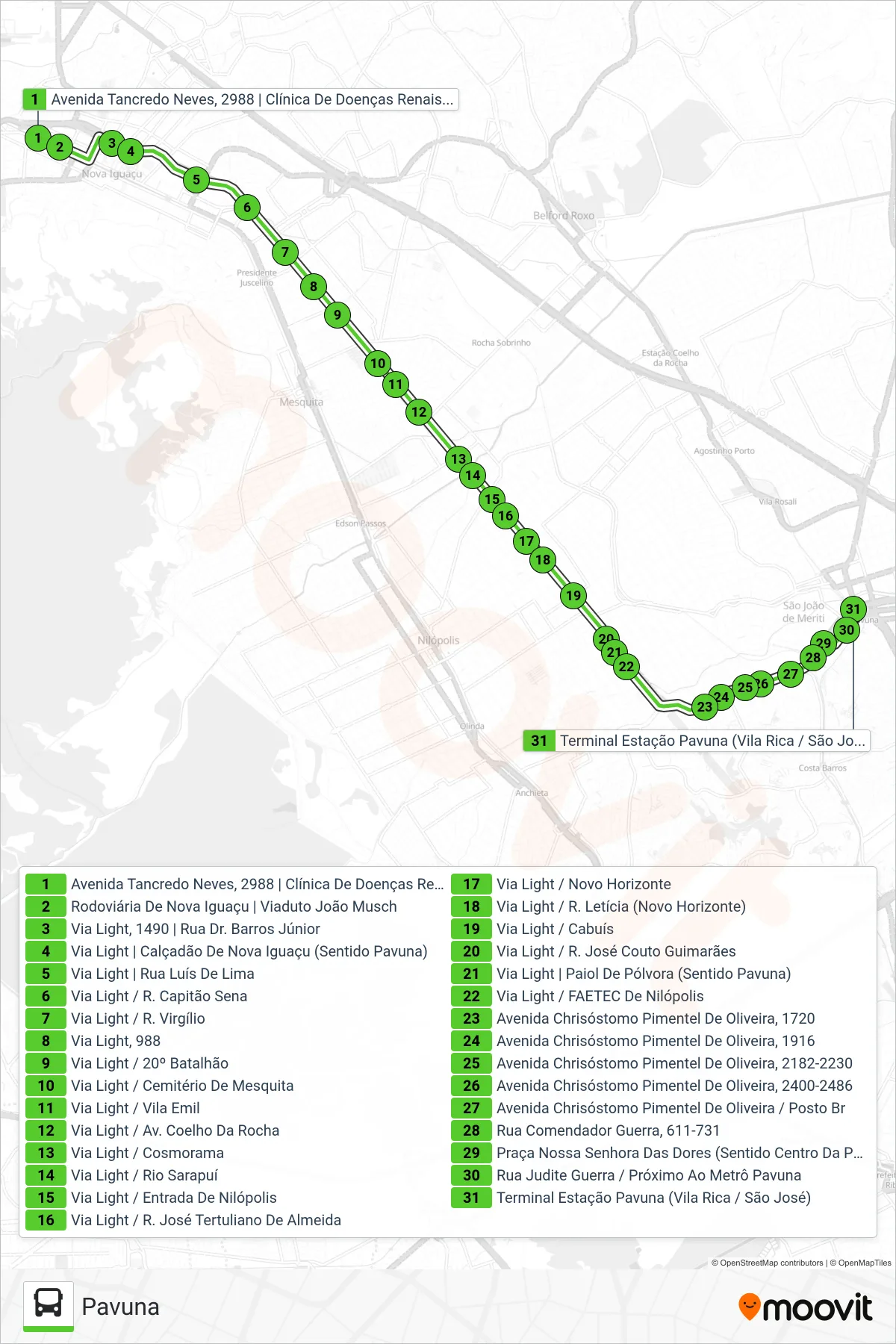 Rota e paradas da linha de ônibus  541  (Pavuna) no mapa