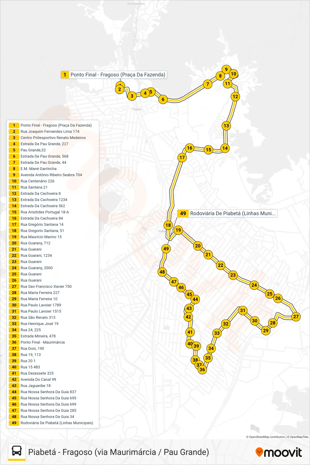 Rota e paradas da linha de ônibus TZ13 (Piabetá) no mapa
