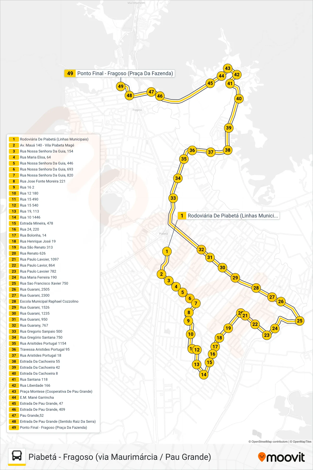 Rota e paradas da linha de ônibus TZ13 (Fragoso) no mapa