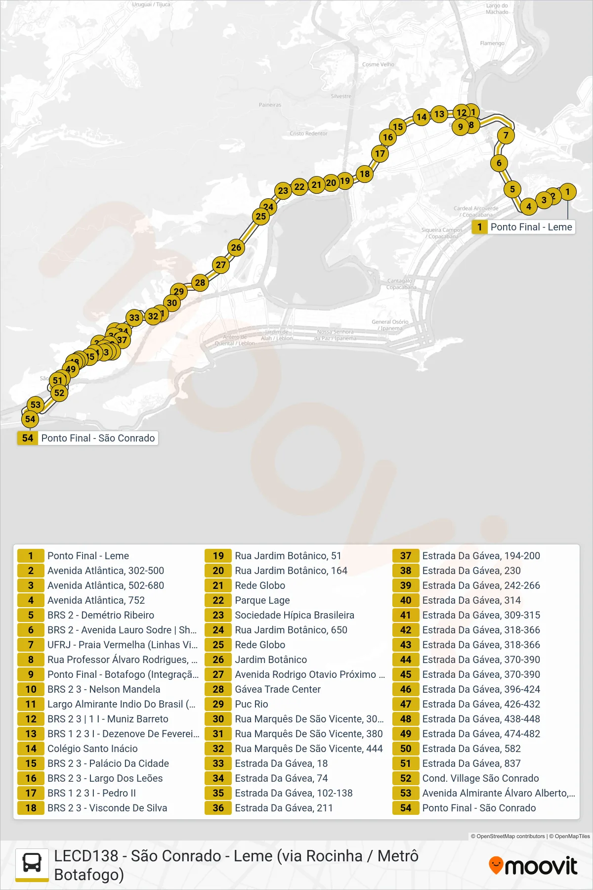 536 bus Line (São Conrado) route and stops on a map