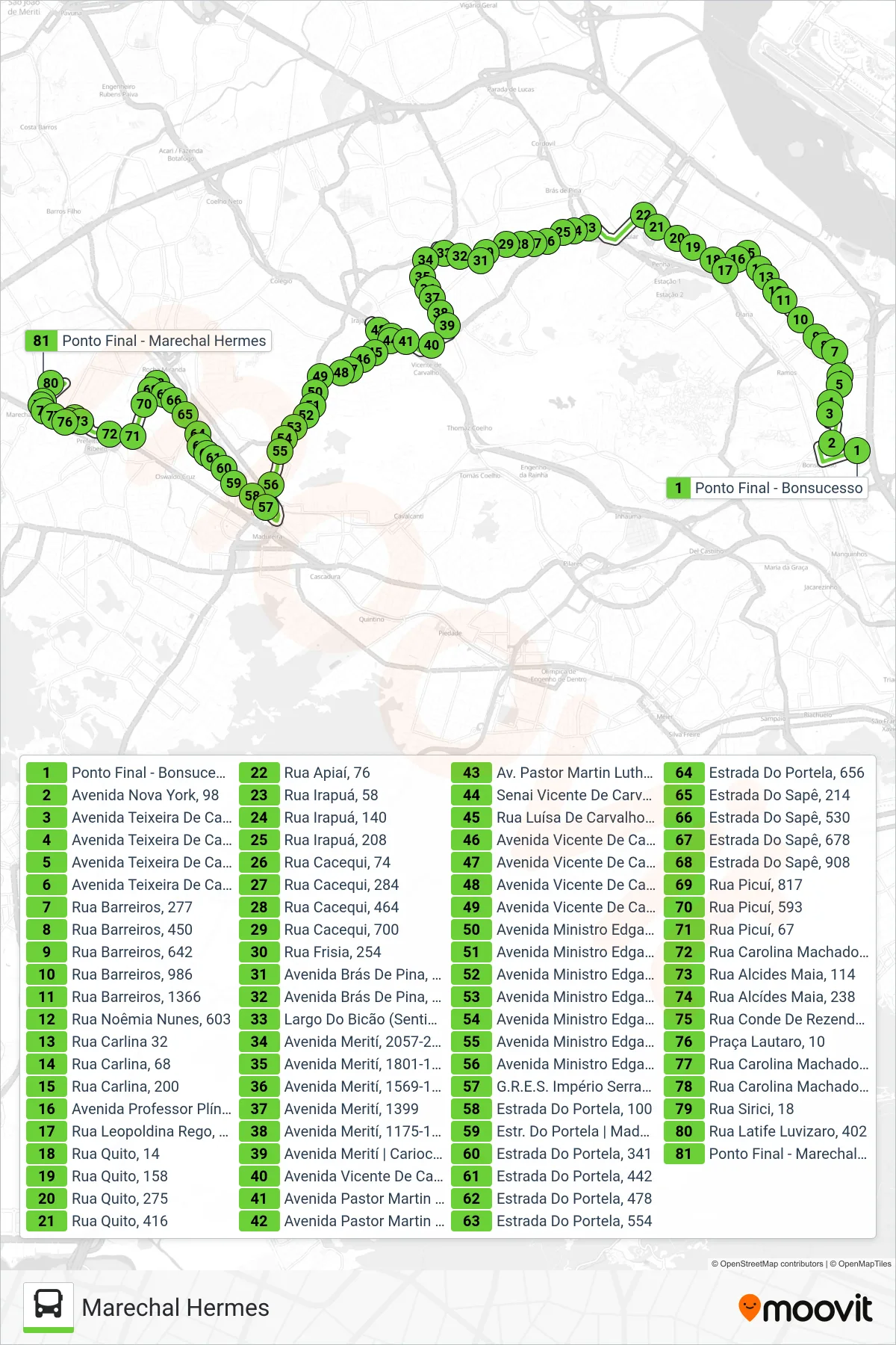 Rota e paradas da linha de ônibus 928 (Marechal Hermes) no mapa