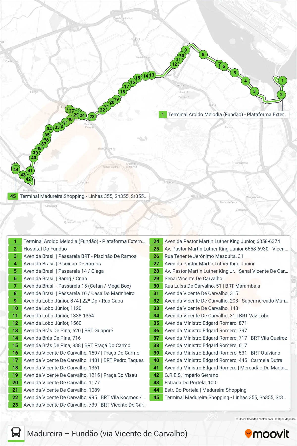 Rota e paradas da linha de ônibus 975 (Madureira) no mapa