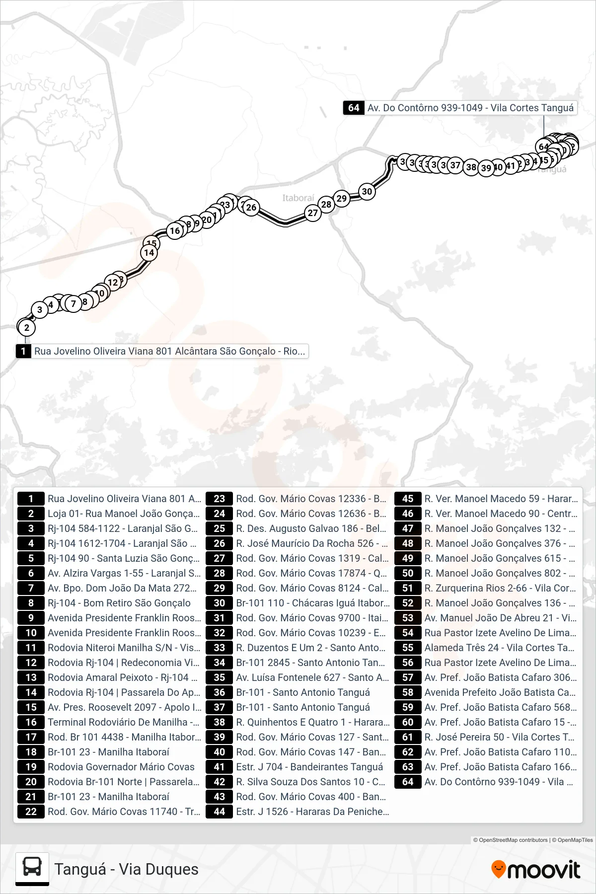 Rota e paradas da linha de ônibus MB22D (Tanguá - Via Duques) no mapa